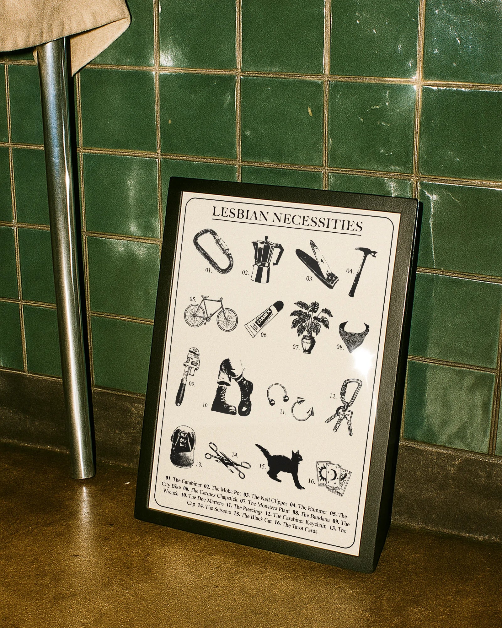 A framed poster with a design featuring 16 iconic and symbolic lesbian necessities and items, all numbered and gathered under the text “LESBIAN NECESSITIES.”