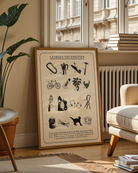 A framed poster with a design featuring 16 iconic and symbolic lesbian necessities and items, all numbered and gathered under the text “LESBIAN NECESSITIES.”