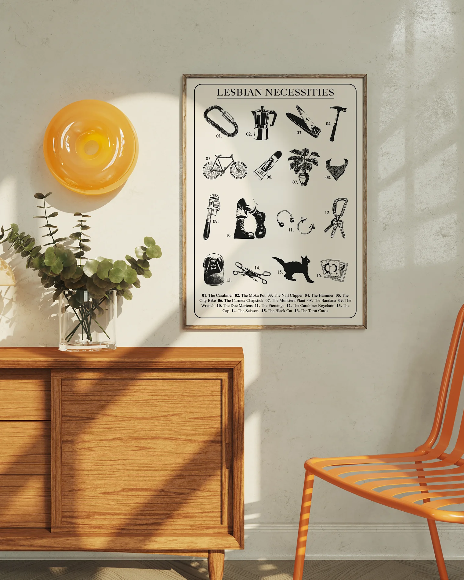 A framed poster with a design featuring 16 iconic and symbolic lesbian necessities and items, all numbered and gathered under the text “LESBIAN NECESSITIES.”