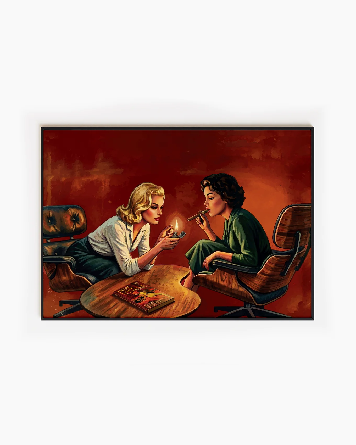 A poster with two sapphic ladies sharing a cigarr, lesbian pulp vintage style.
