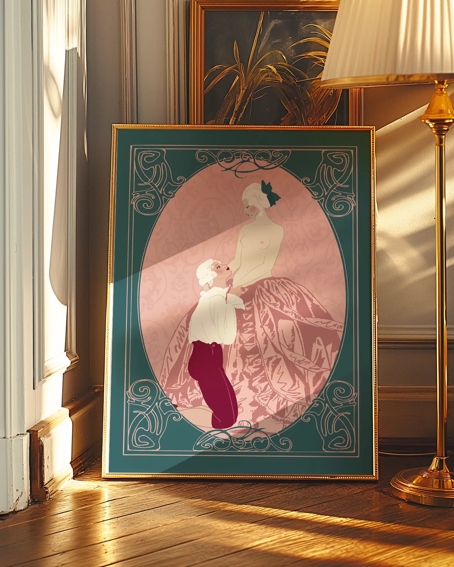 A print with a sapphic couple in the style of Rococo Baroque.