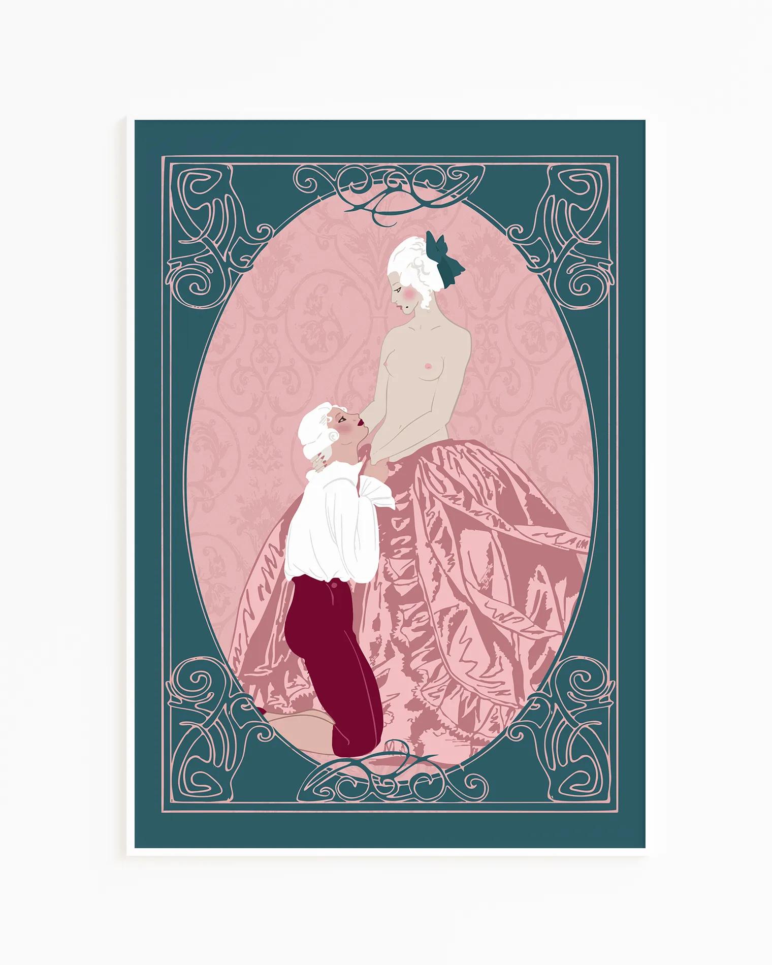A print with a sapphic couple in the style of Rococo Baroque.