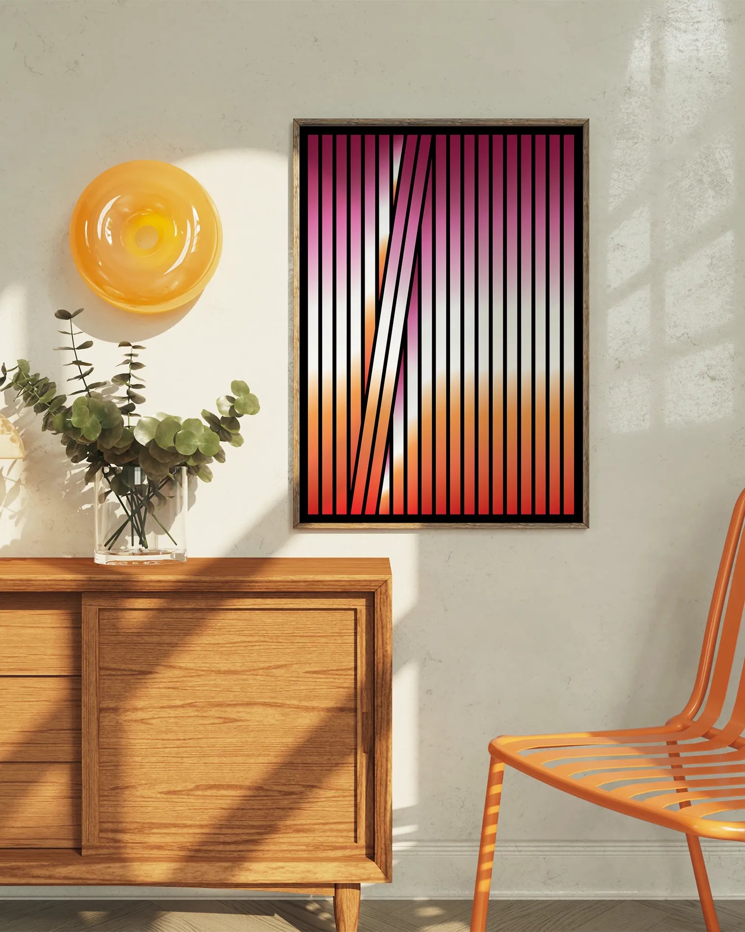 A framed poster with an abstract lesbian flag formed in stripes.