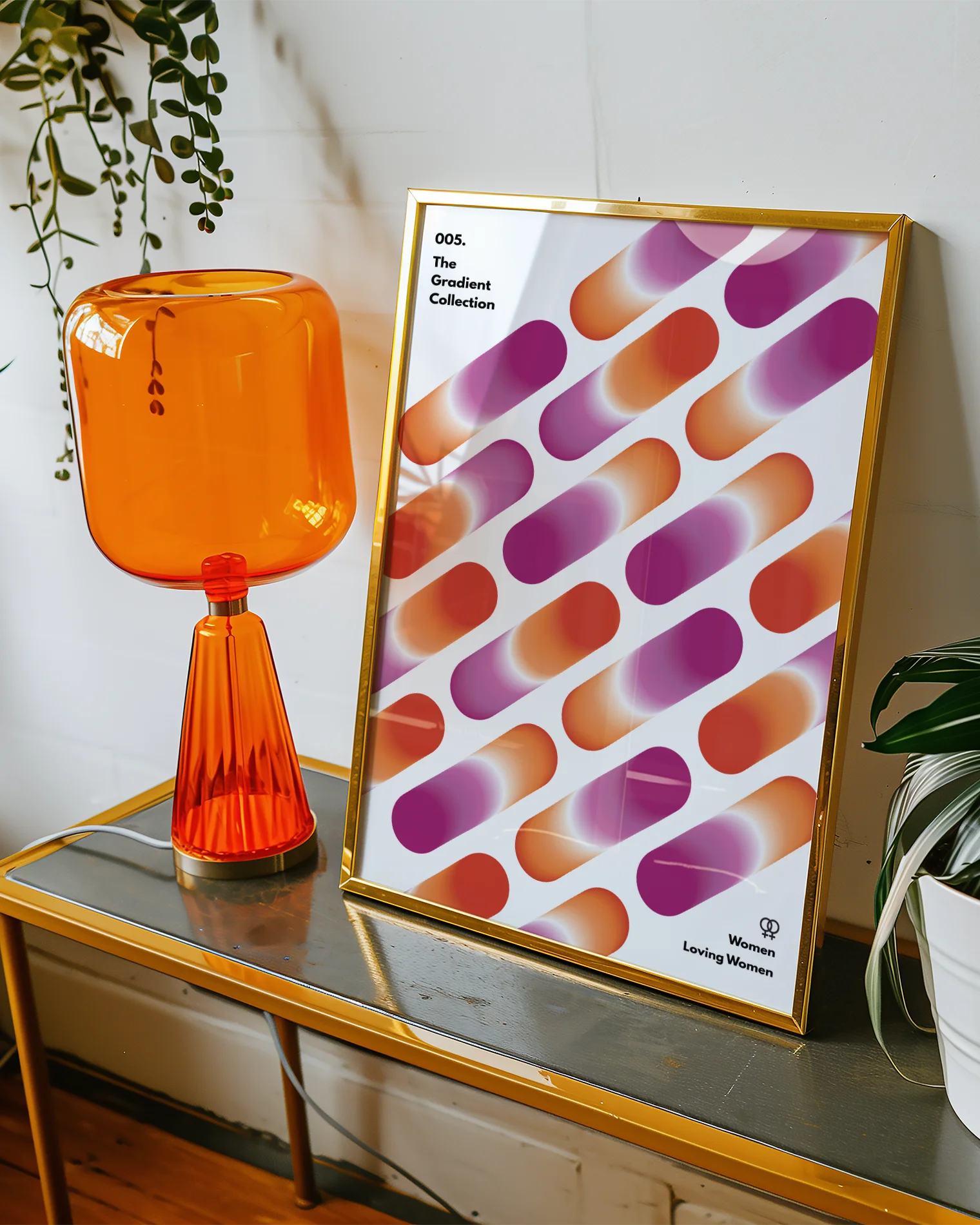 A print with rectangular, gradient shapes in a line, coloured with the lesbian pride flag colours, along the texts '005. The Gradient Collection' and 'Women Love Women'.