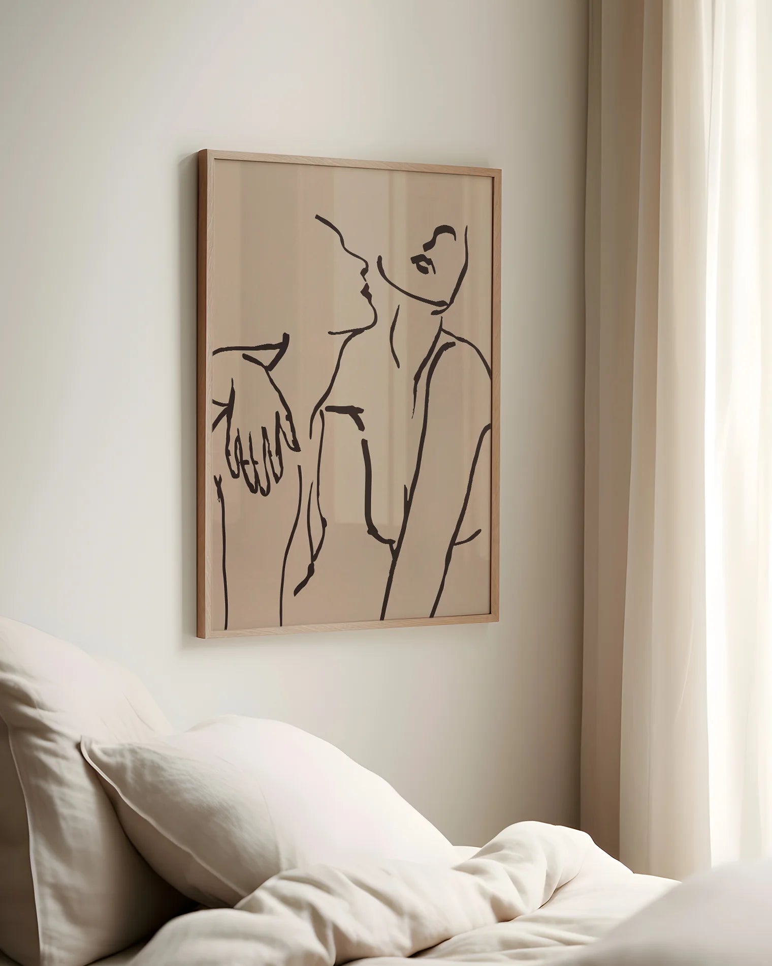 A poster with two naked women hugging, linear style.