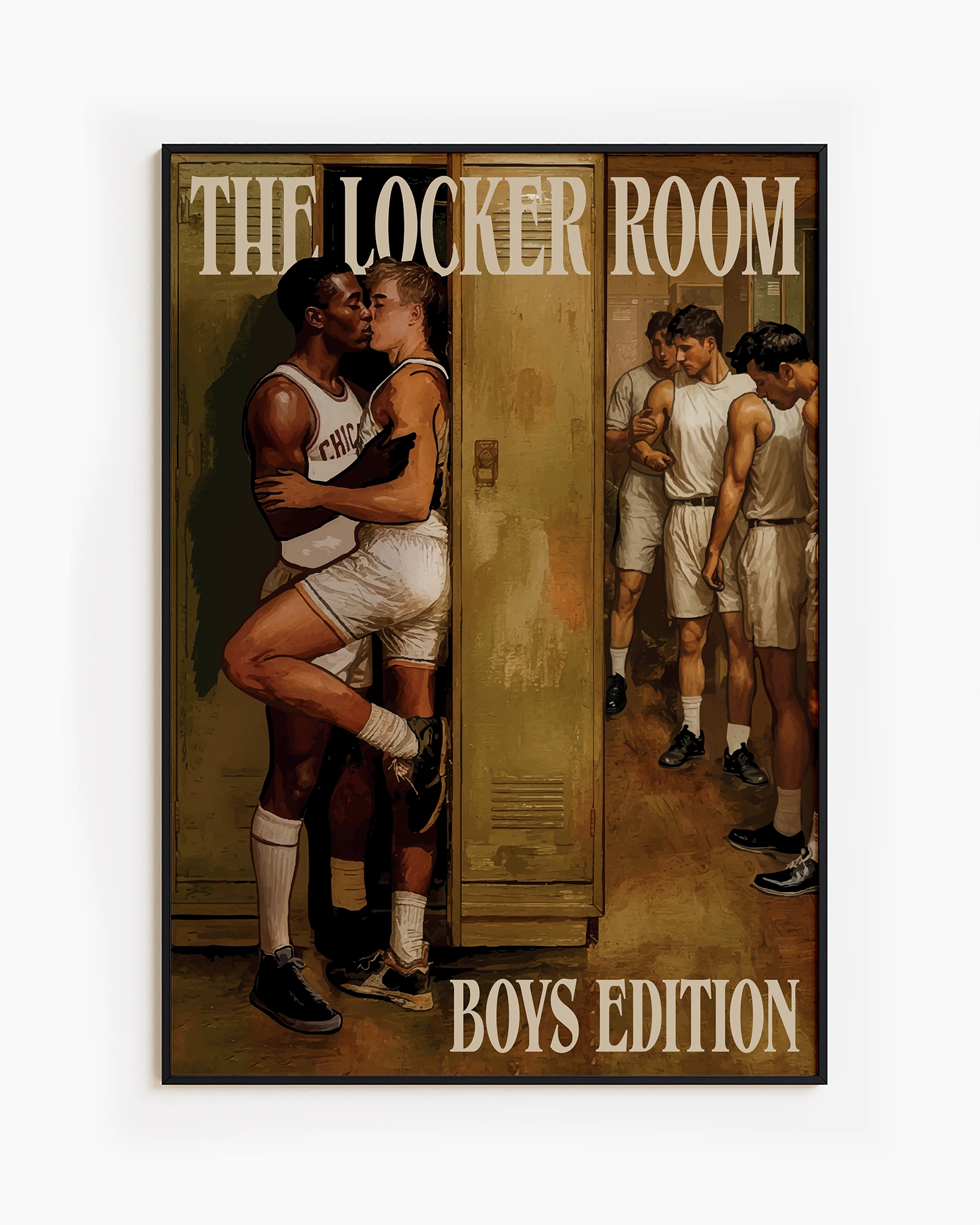A framed poster depicting two men kissing, hidden behind a locker in a changing room, dressed in basketball gear, while the rest of the team prepares around the corner, 1960's vintage style.
