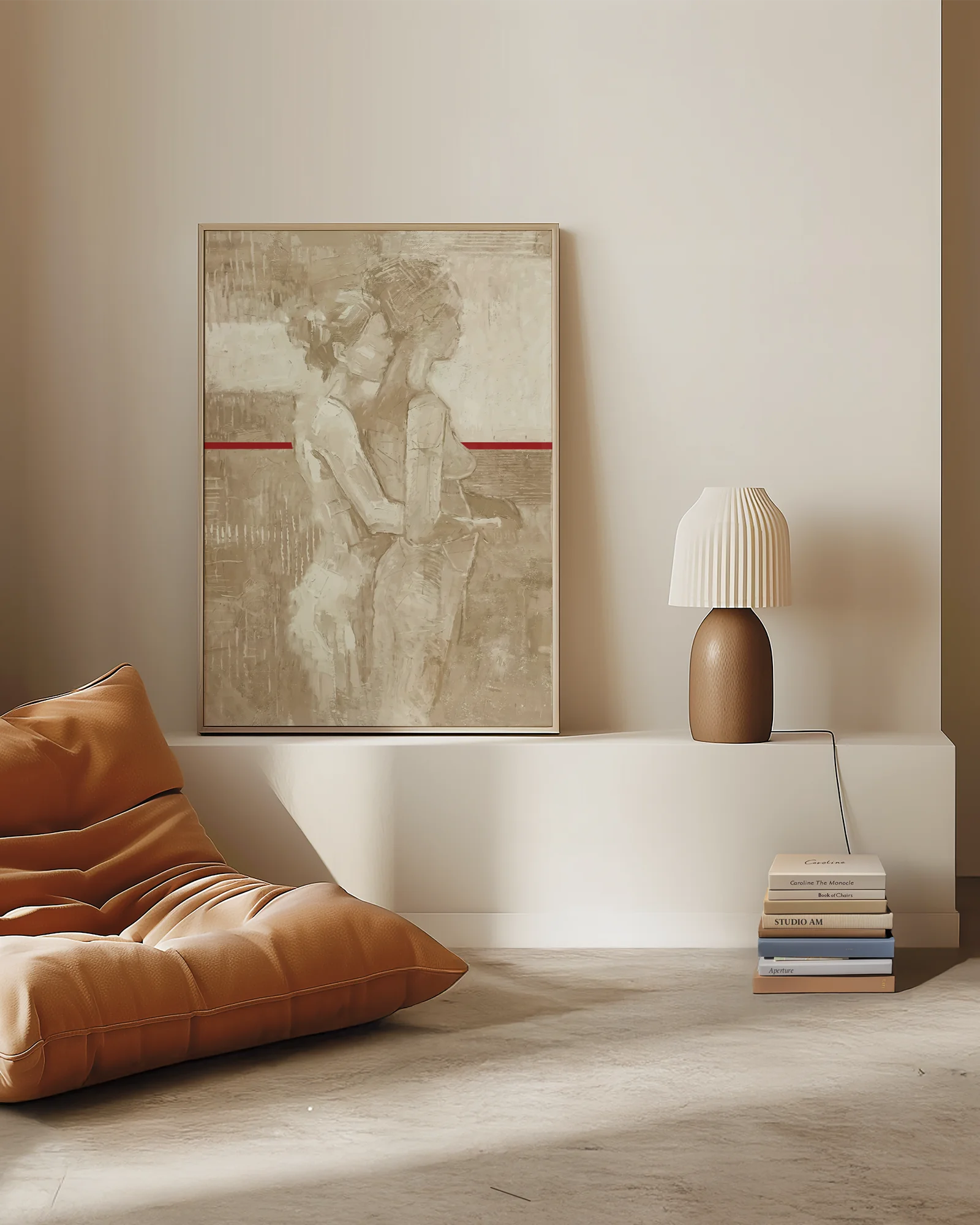 A framed poster with a lesbian, naked couple, abstract painting style.