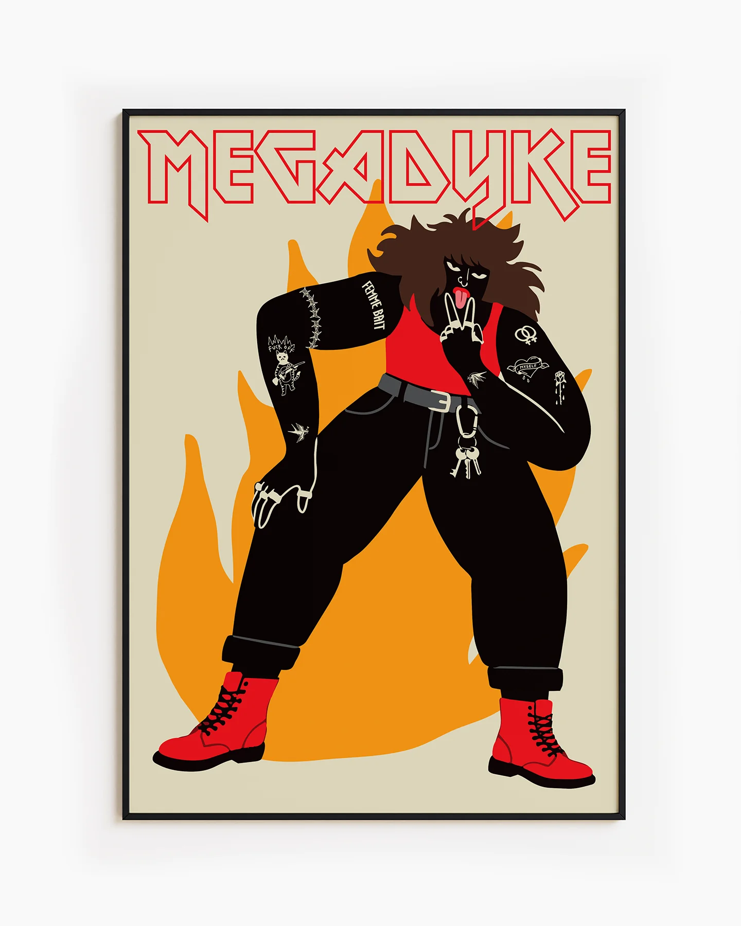 A poster with an illustrated lesbian with the text MEGADYKE.