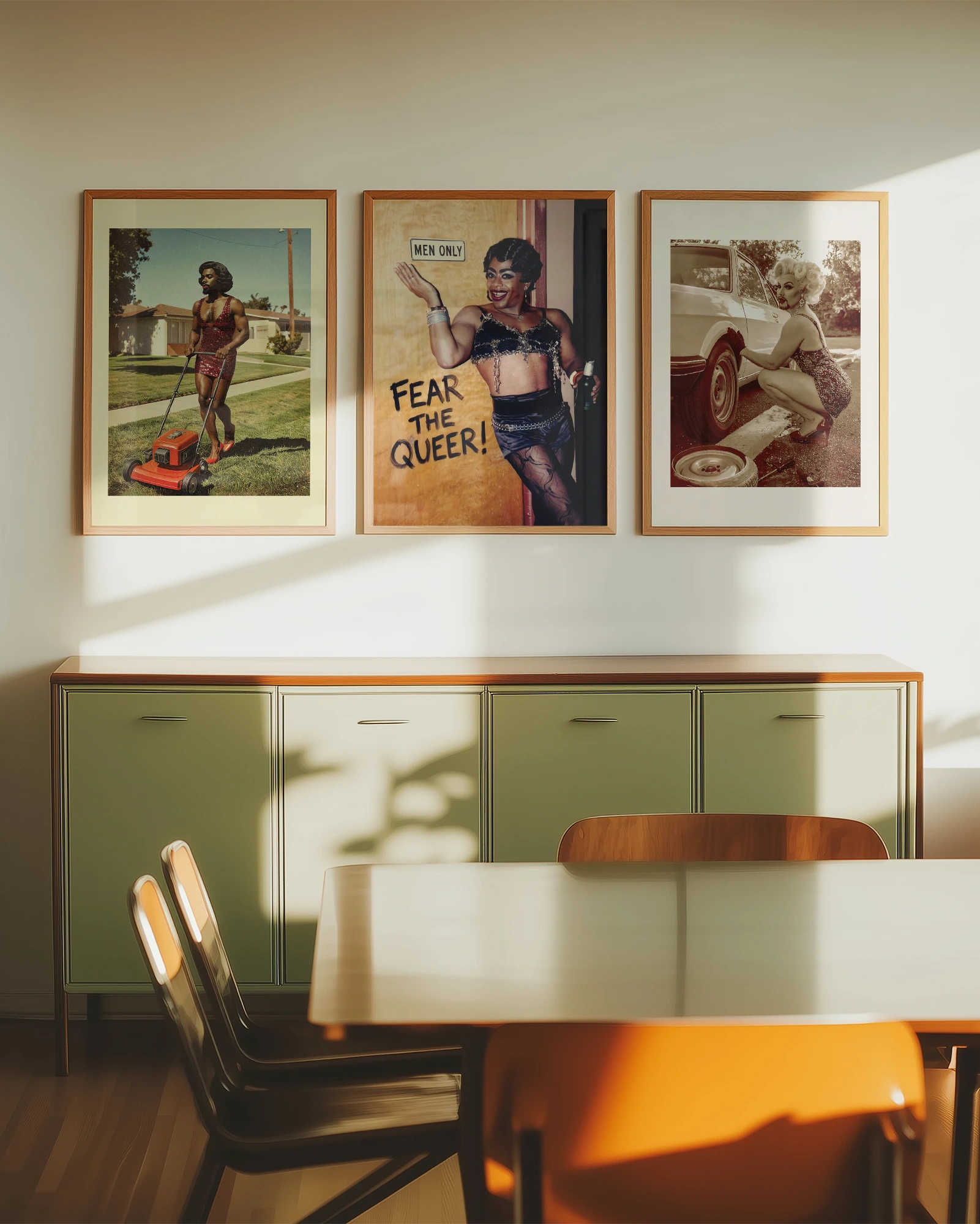 A framed poster with a black drag queen standing in front of a wall with a sign 'MEN ONLY', smiling.