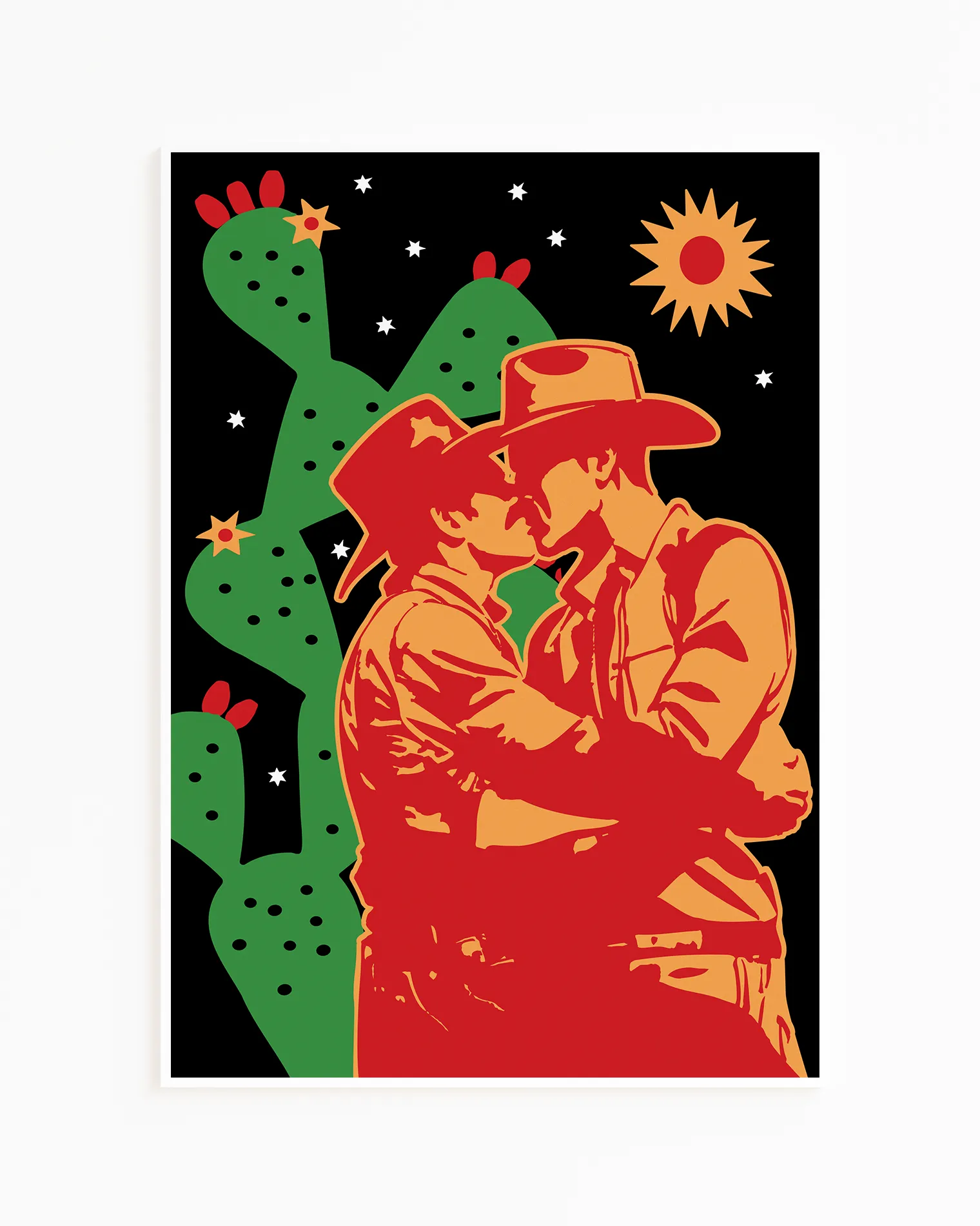 A print with two kissing cowboys under a starlit sky.