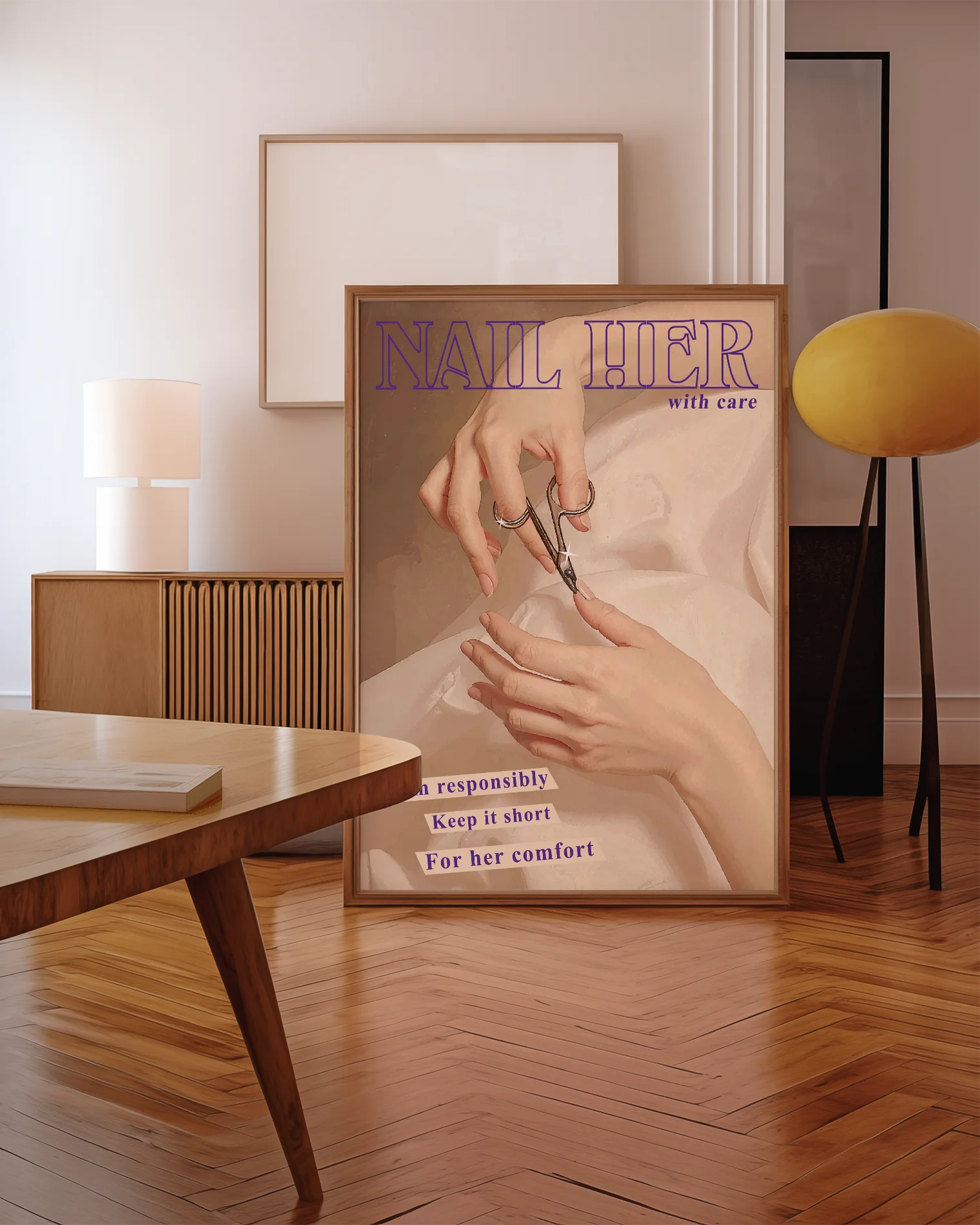 A framed poster featuring a woman trimming her nails with the text: “NAIL HER – with care” and “Trim responsibly, keep it short, for her comfort.”