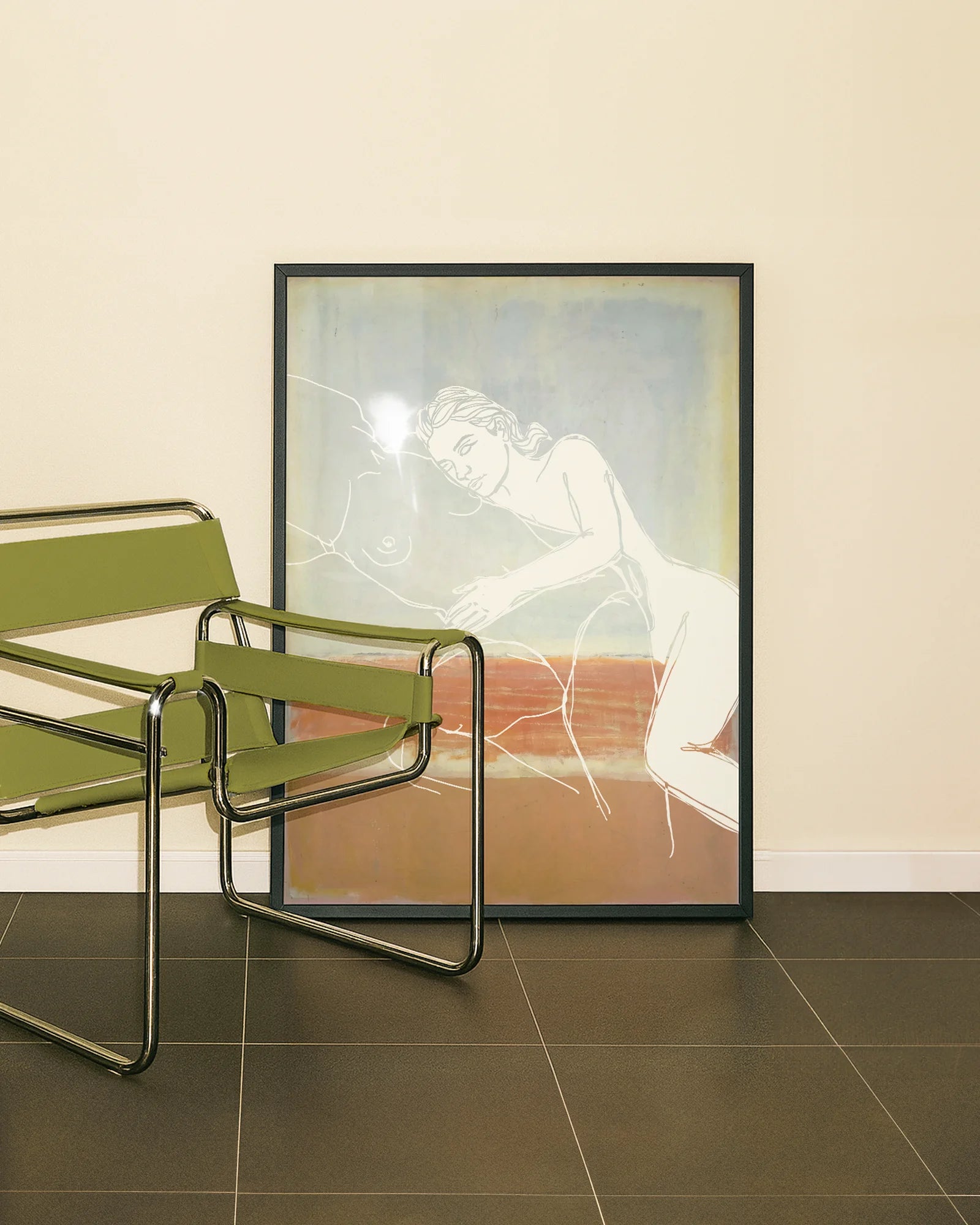 A poster with two, lesbian ladies in a line-art style, laying down and embracing softly.