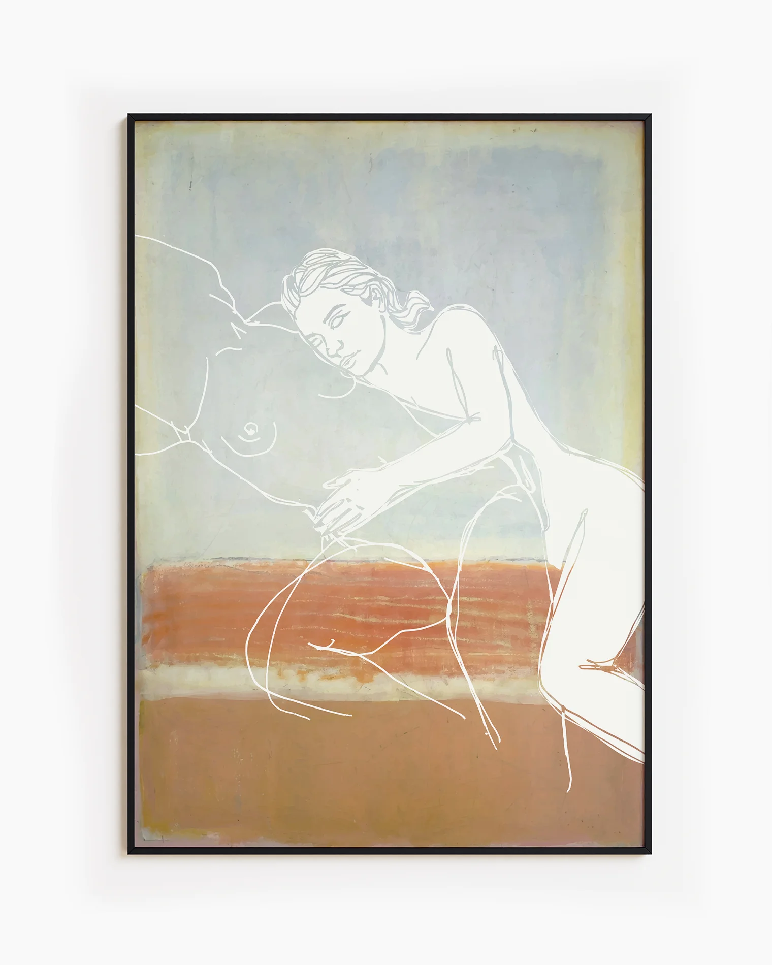 A poster with two, lesbian ladies in a line-art style, laying down and embracing softly.