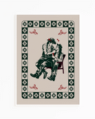 A poster with two indigenous indian cowboys in love, in each others lap. Romantic and vintage poster.