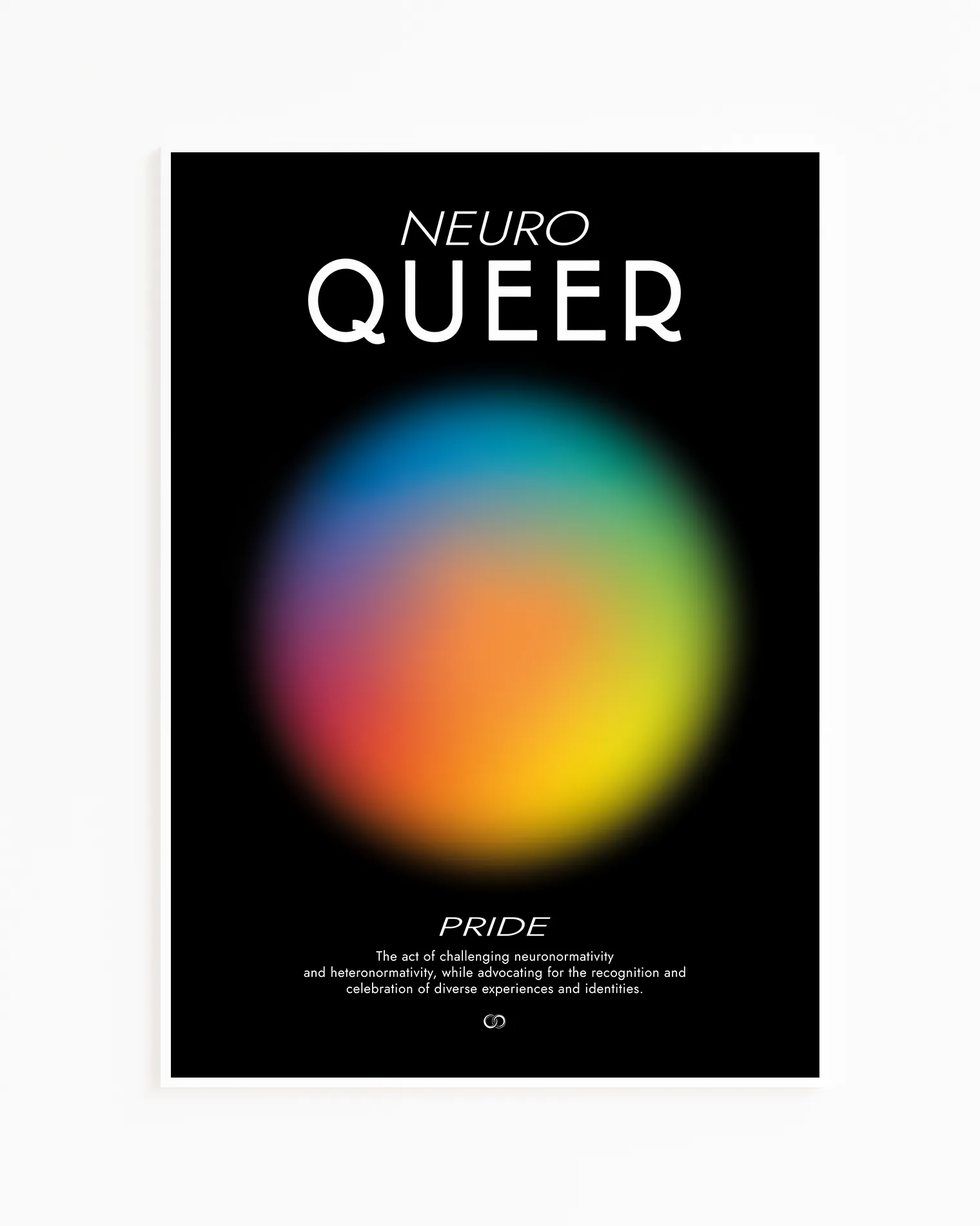 Framed, abstract poster with a circle in rainbow colours with a meaningful text about Neuro Queer and Pride.