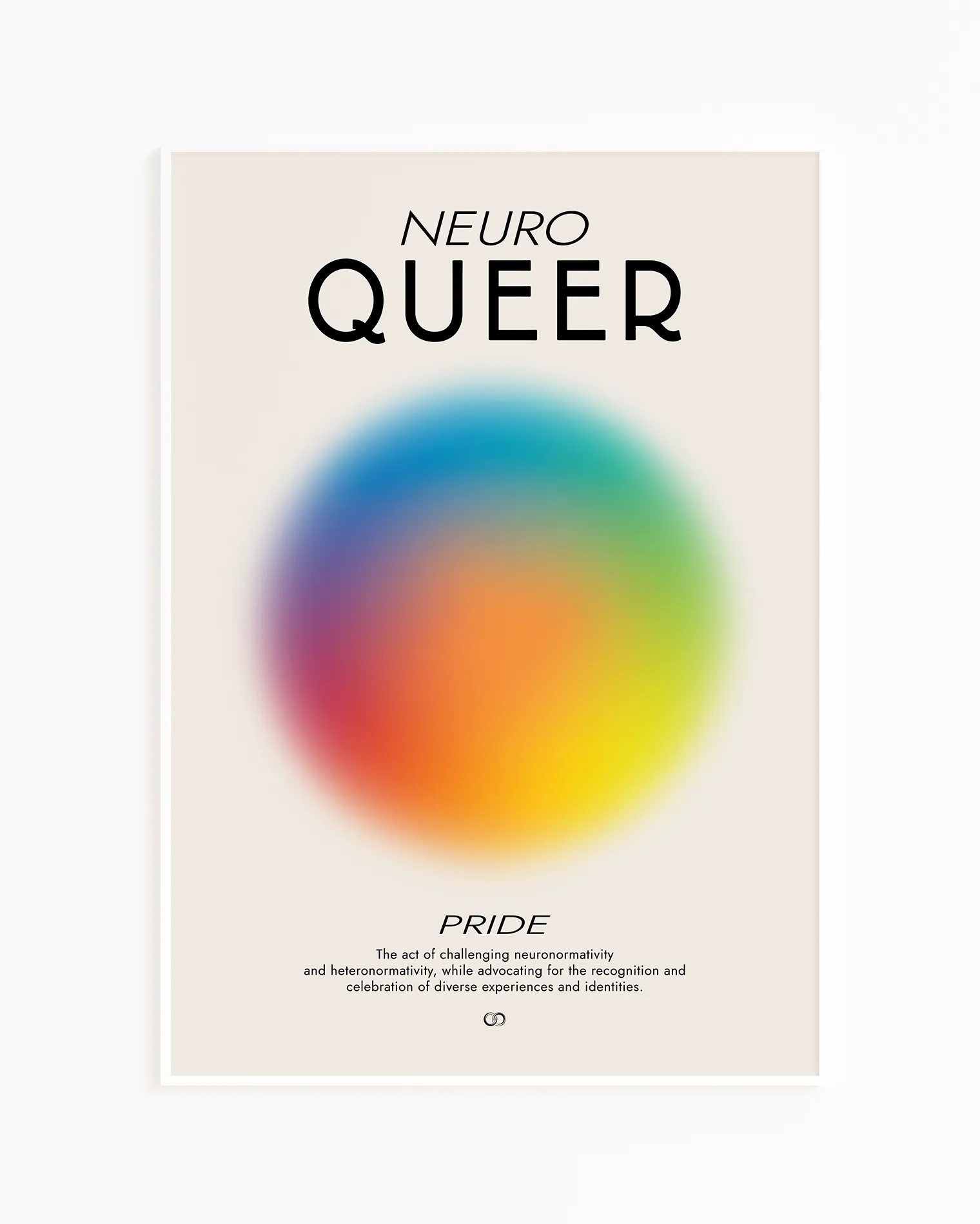 Framed, abstract poster with a circle in rainbow colours with a meaningful text about Neuro Queer and Pride.