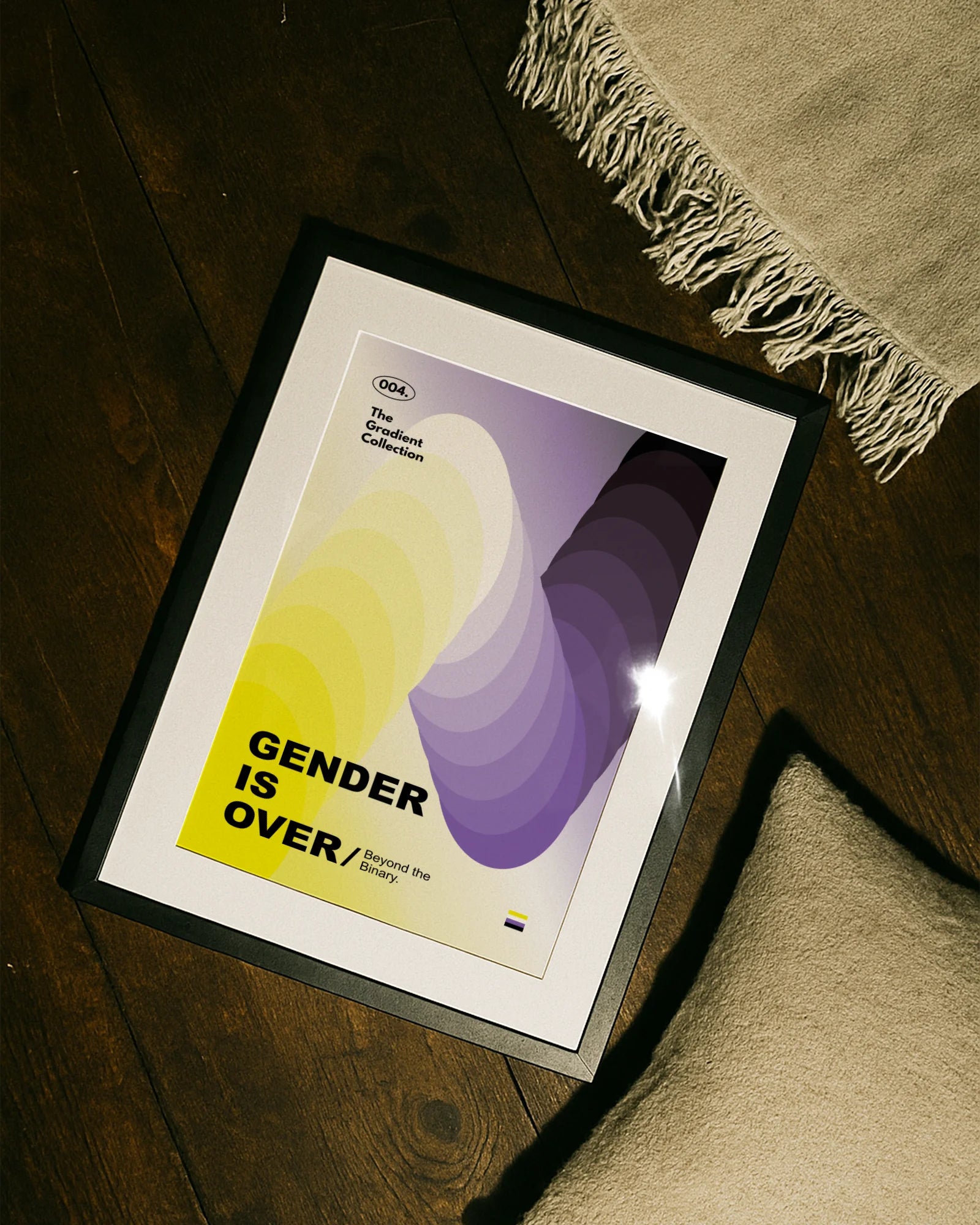 A poster features circular shapes in the non-binary flag’s colors, yellow, white, purple, and black, with the text: '004. The Gradient Collection', 'Gender is Over', and 'Beyond the Binary.'.