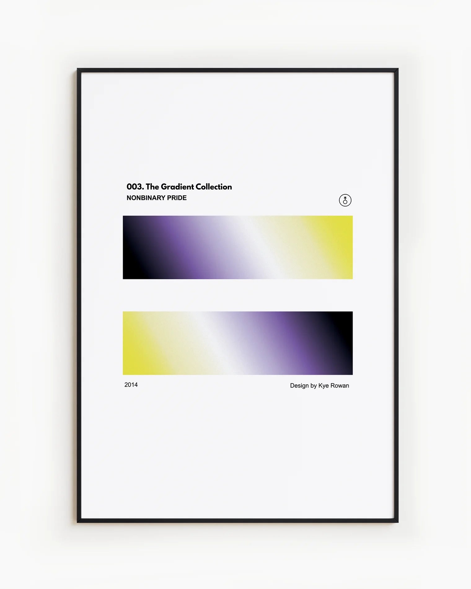 A poster features two rectangular blocks in the flag’s colors, yellow, white, purple, and black, with the text: '003. The Gradient Collection', 'Nonbinary Pride', and 'Design by Kye Rowan, 2014'.