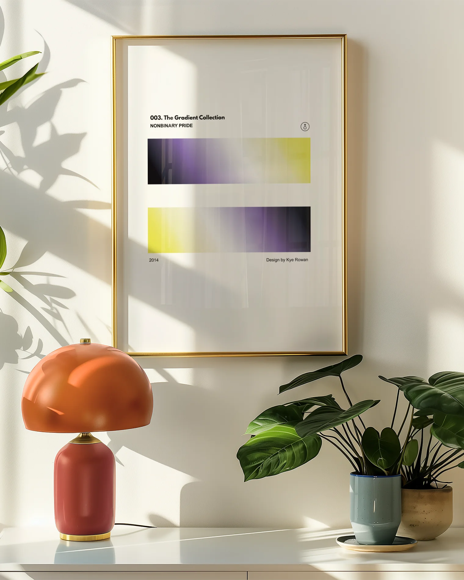 A poster features two rectangular blocks in the flag’s colors, yellow, white, purple, and black, with the text: '003. The Gradient Collection', 'Nonbinary Pride', and 'Design by Kye Rowan, 2014'.