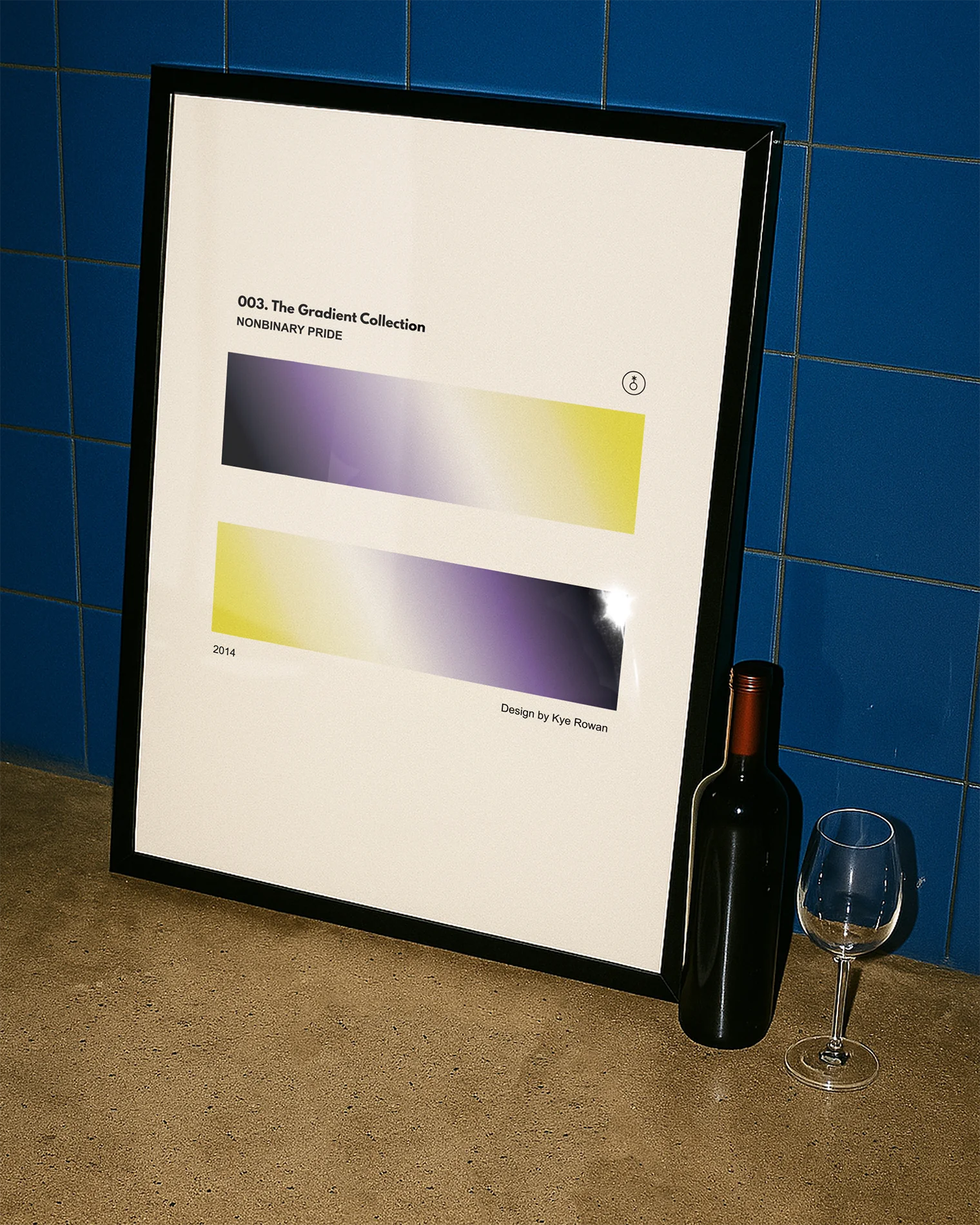 A poster features two rectangular blocks in the flag’s colors, yellow, white, purple, and black, with the text: '003. The Gradient Collection', 'Nonbinary Pride', and 'Design by Kye Rowan, 2014'.
