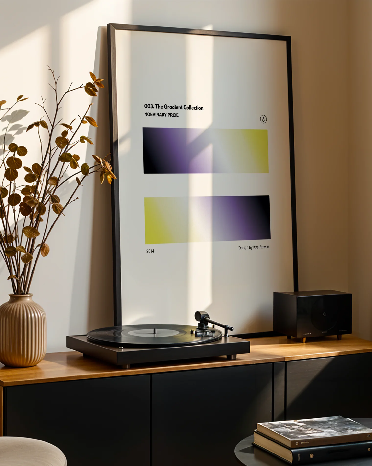 A poster features two rectangular blocks in the flag’s colors, yellow, white, purple, and black, with the text: '003. The Gradient Collection', 'Nonbinary Pride', and 'Design by Kye Rowan, 2014'.
