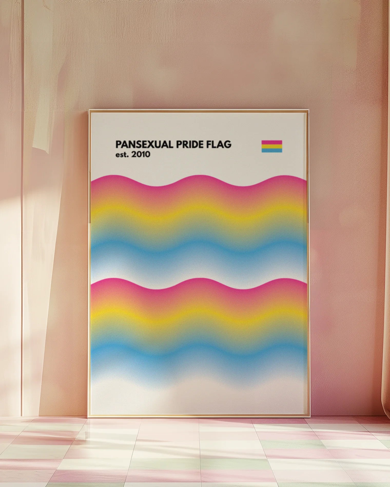 A print with the pansexual pride flag in a wavy, abstract form together with the text 'Pansexual Pride Flag est. 2010.'