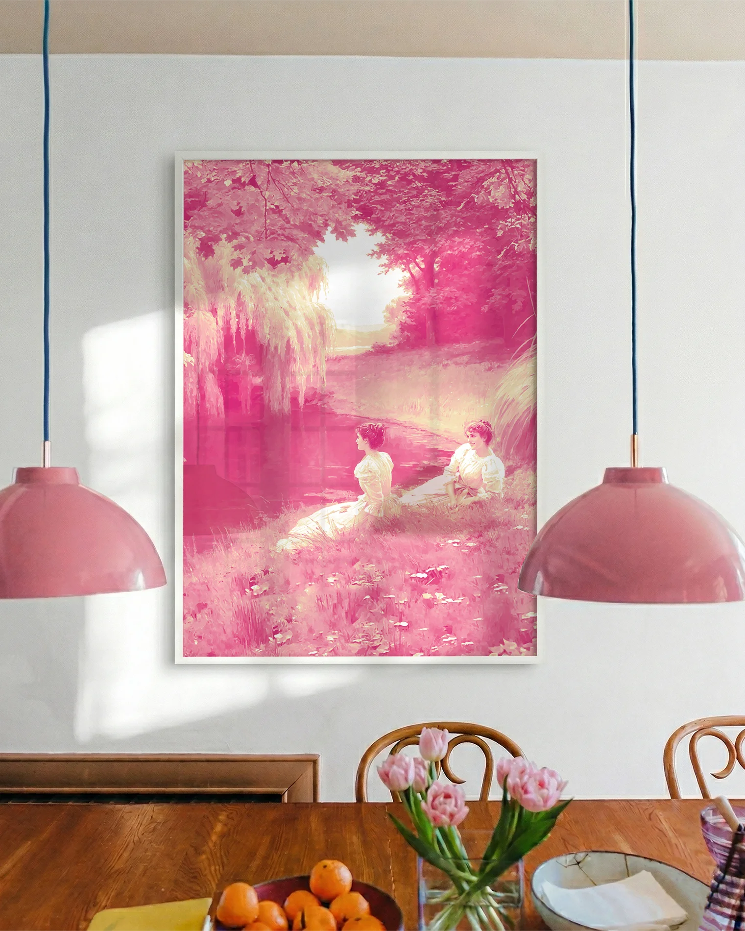 A poster with two lesbian, victorian ladies by a lake.