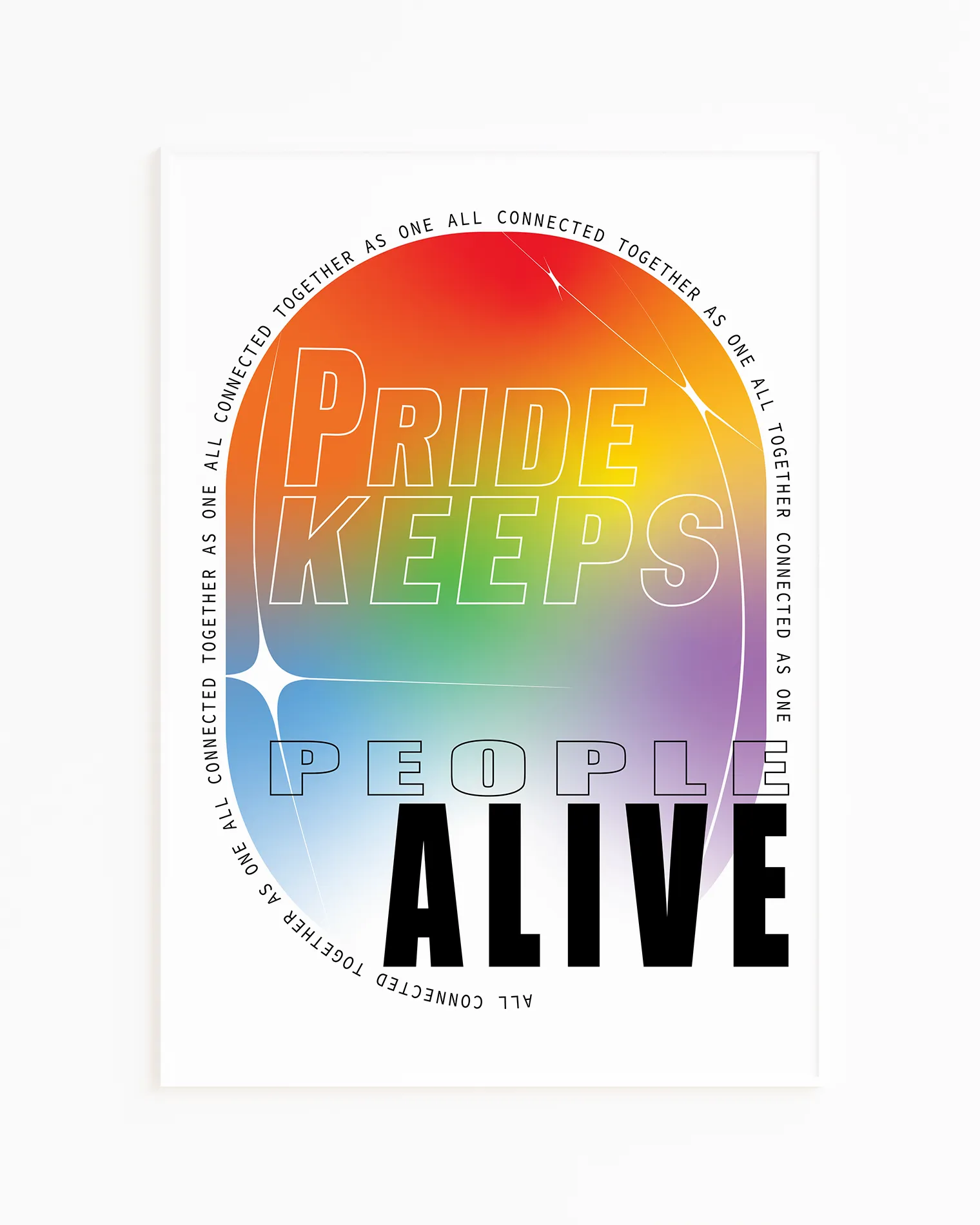 A print with the classic pride colours in an oval shape with the text 'Pride Keeps People Alive'.