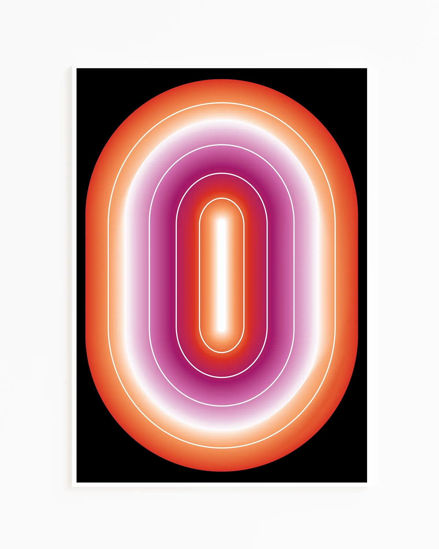 A framed print with a lesbian, illustrative flag in an oval form.