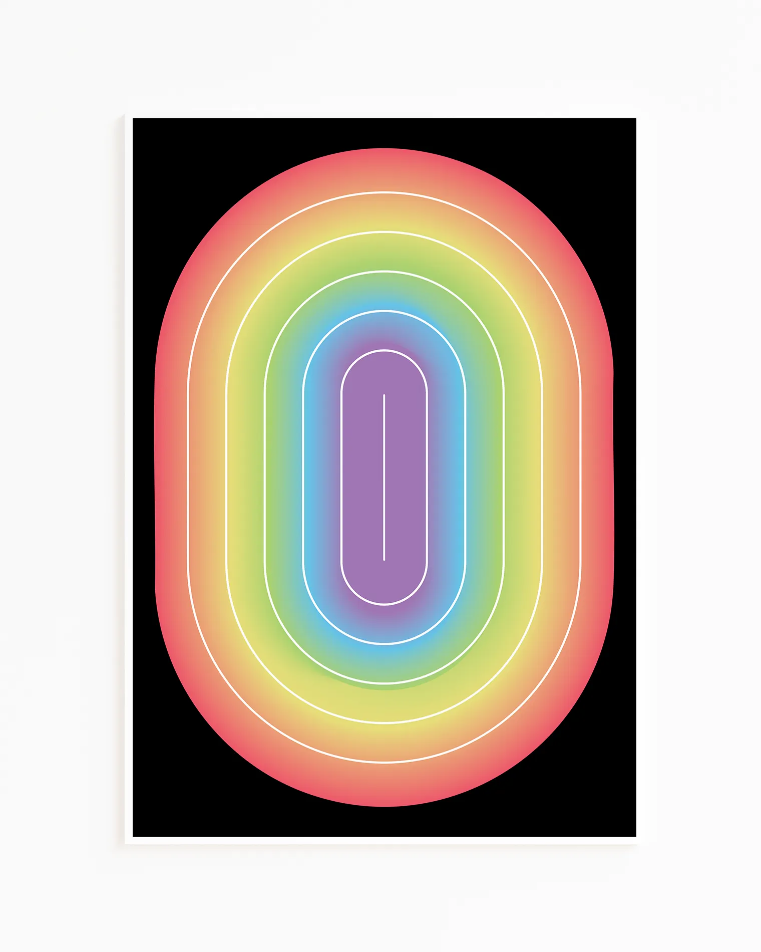 A framed print with an illustrative prideflag in an oval form.