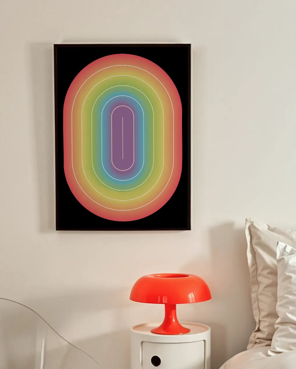 A framed print with an illustrative prideflag in an oval form.