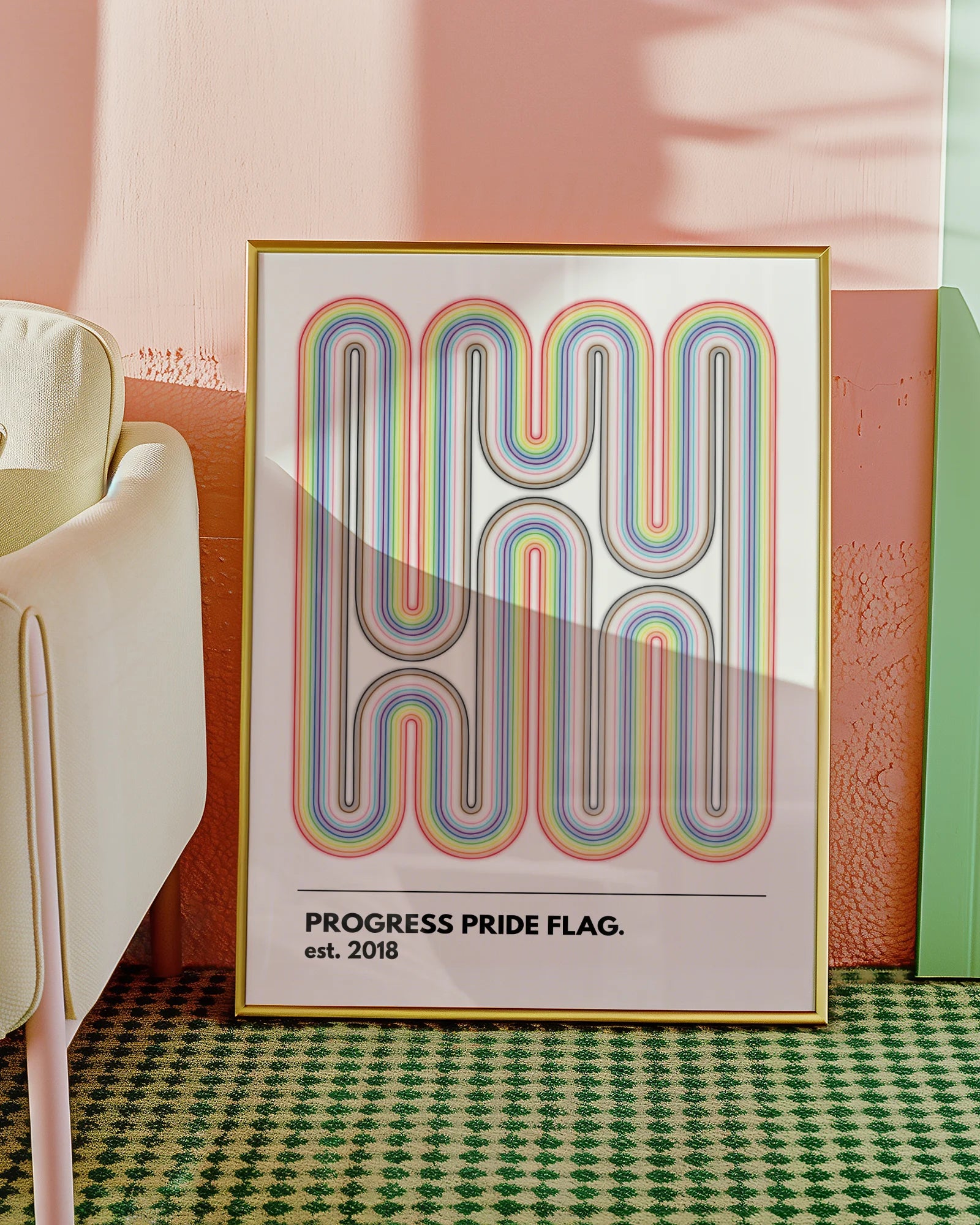 A print with the progress pride flag in the style of Bauhaus.