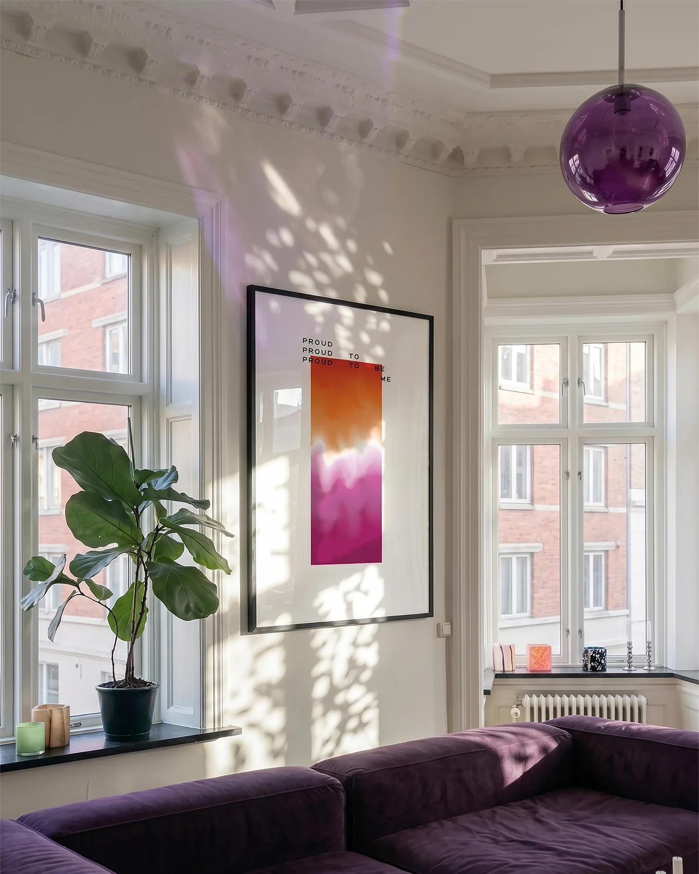 A poster with a gradient lesbian pride flag and the text: 'Proud to be me'.