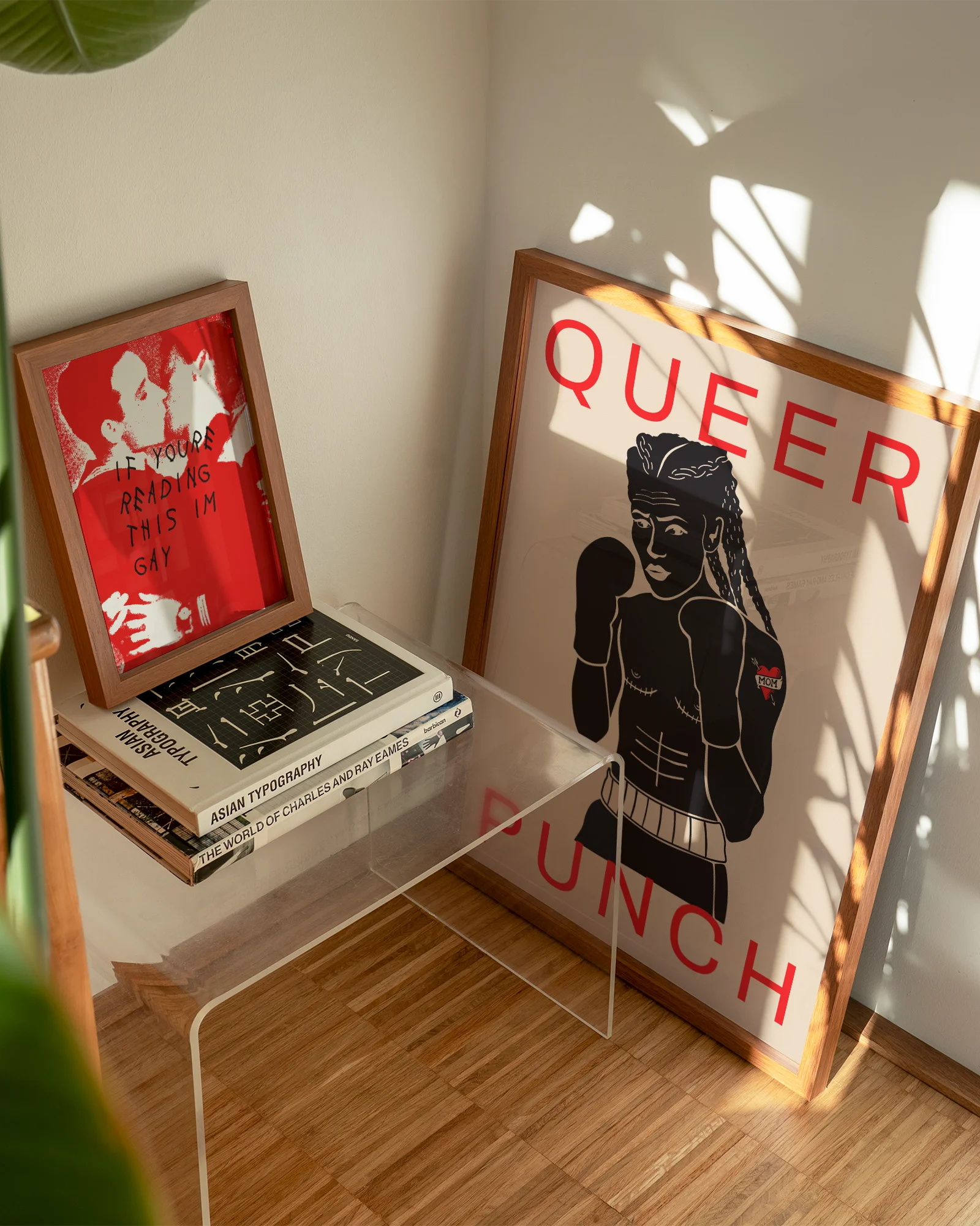 A poster featuring a queer person with a bare chest and boxing gloves, alongside the text: "QUEER PUNCH."