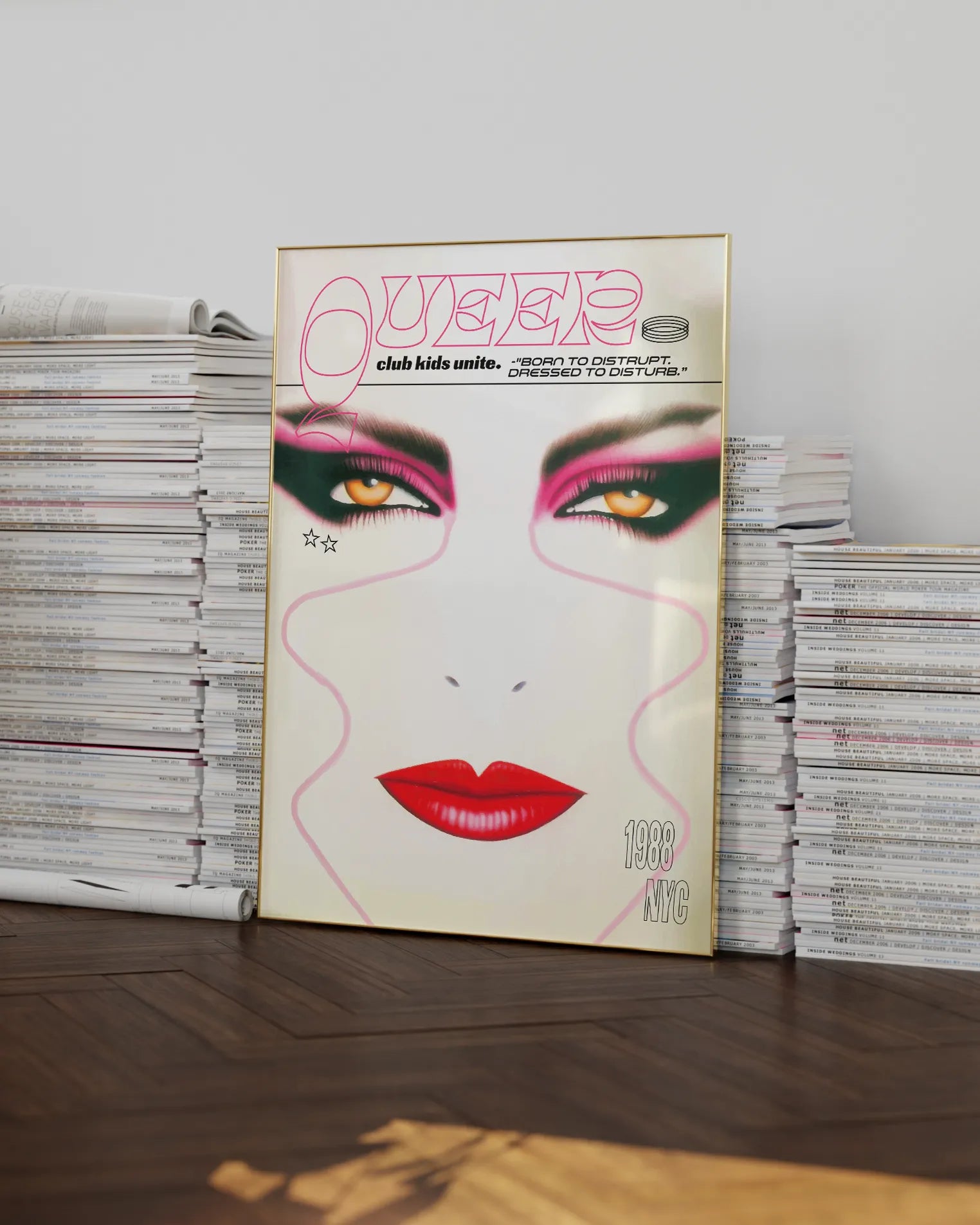 A print with an illustrated face with makeup and the text 'Queer Club Kids Unite'.