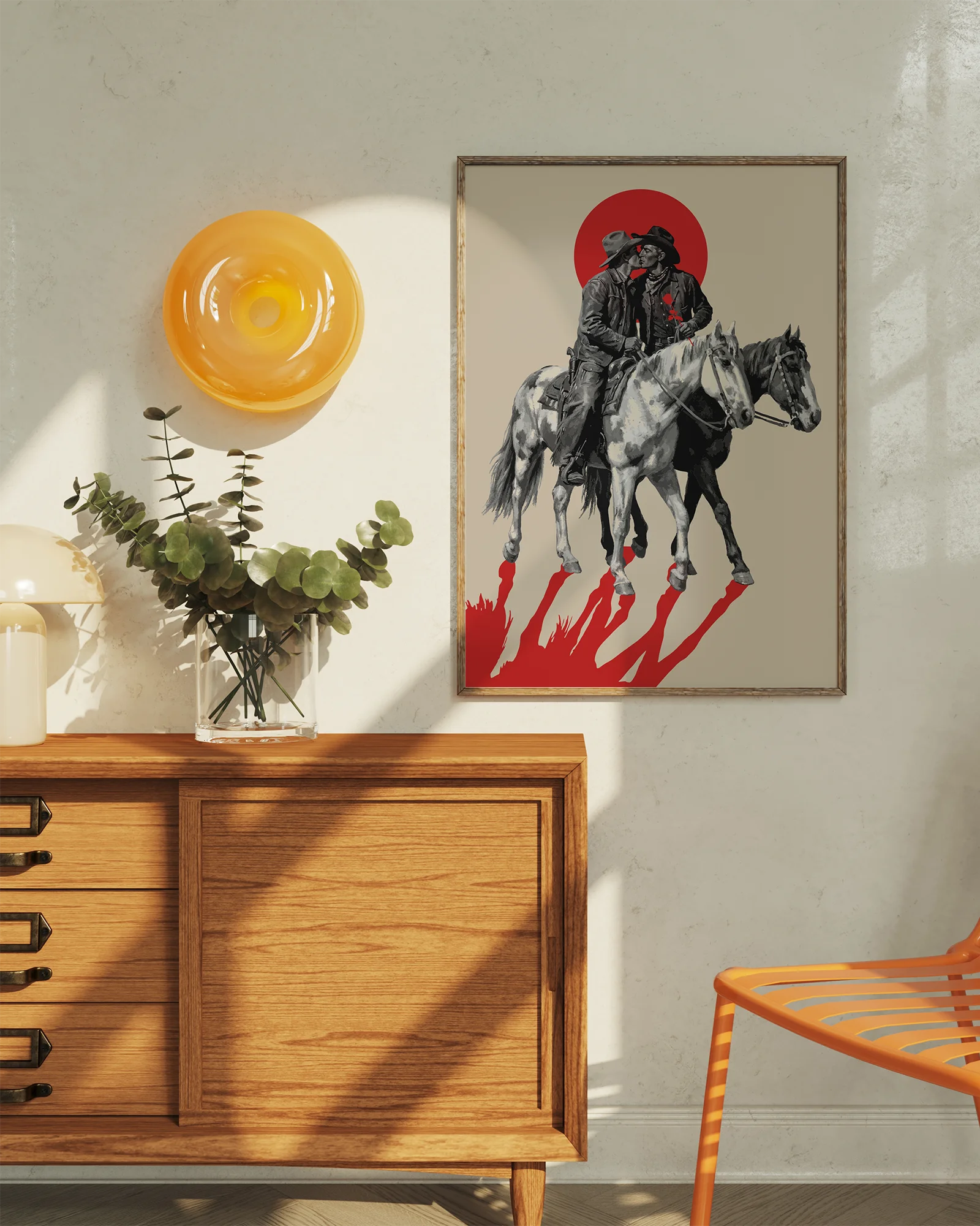 A poster with two riding cowboys, kissing.