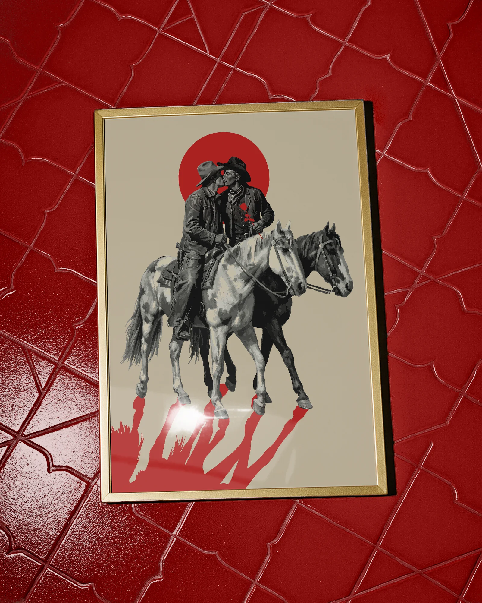 A poster with two riding cowboys, kissing.
