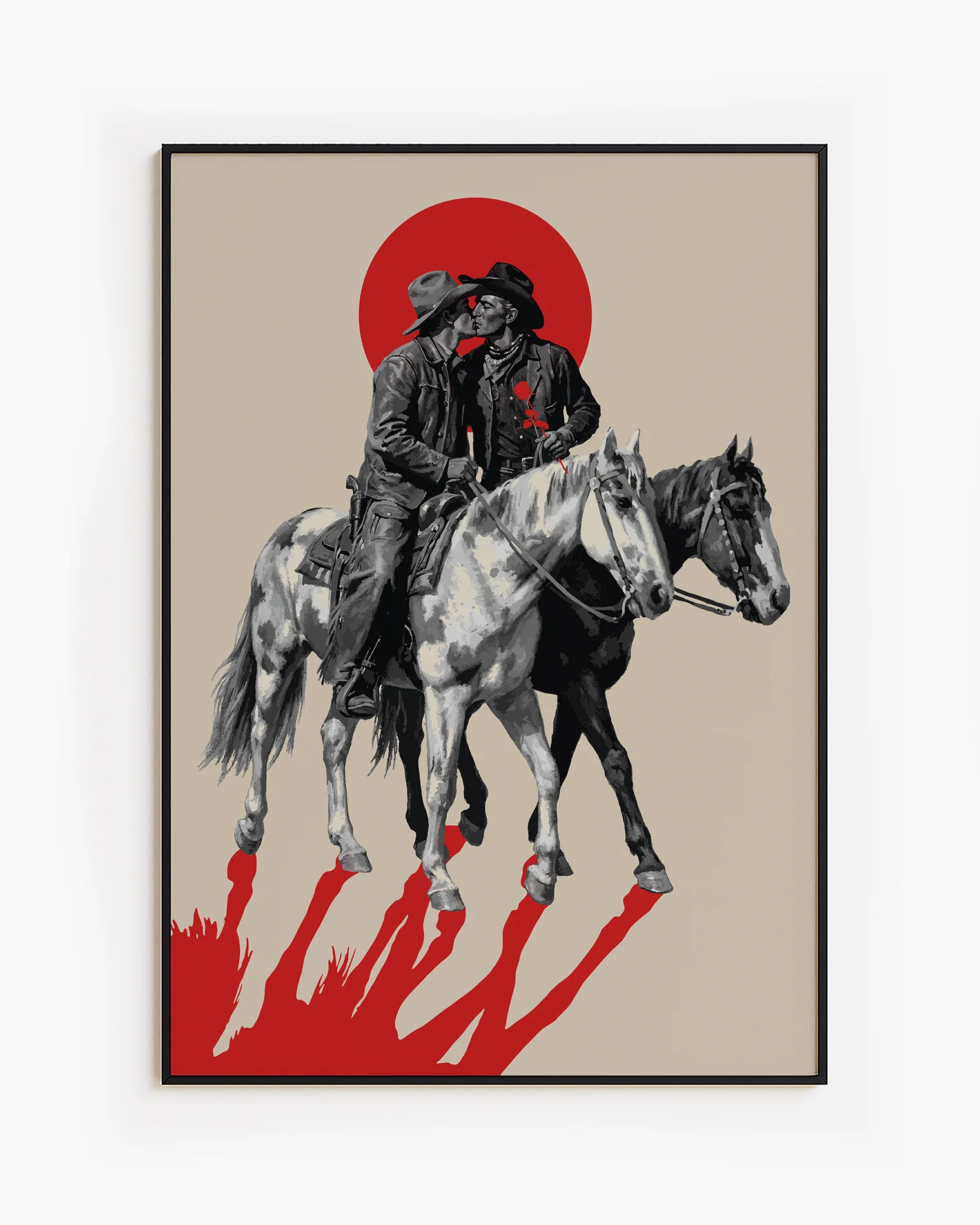 A poster with two riding cowboys, kissing.