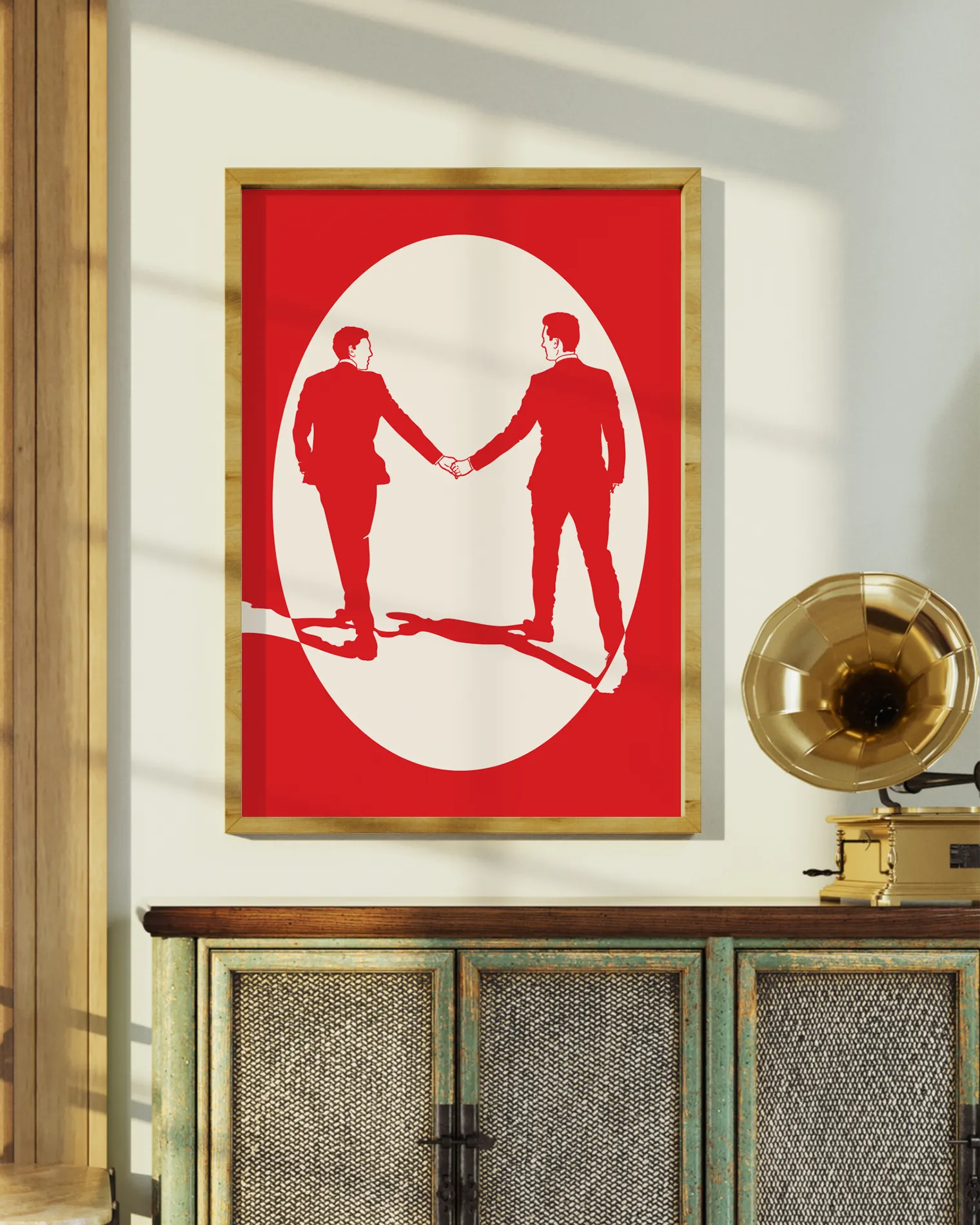 A print with an illustrated male couple in suits, walking hand in hand against a red background.