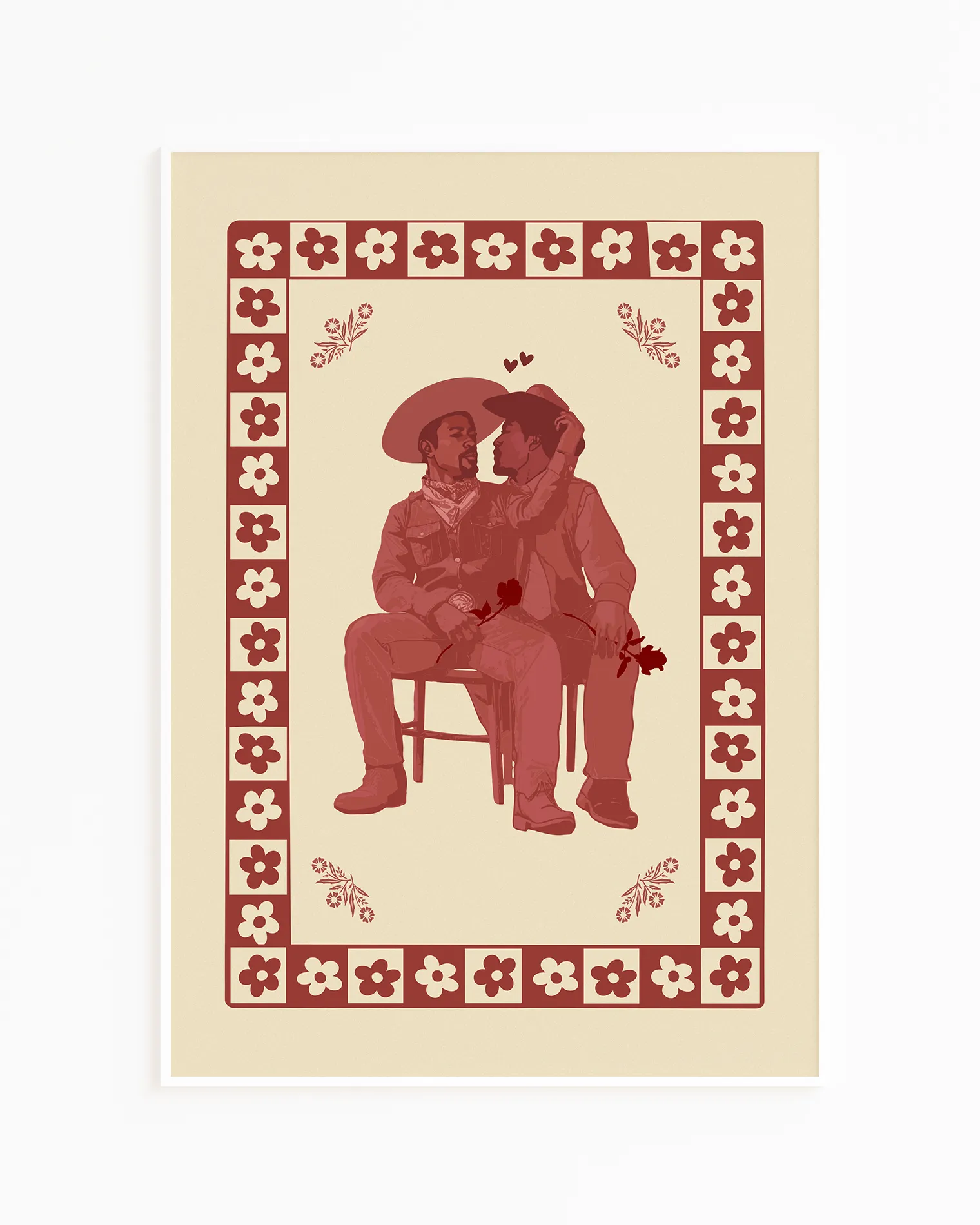 A print with an illustrated, gay and black cowboy couple.