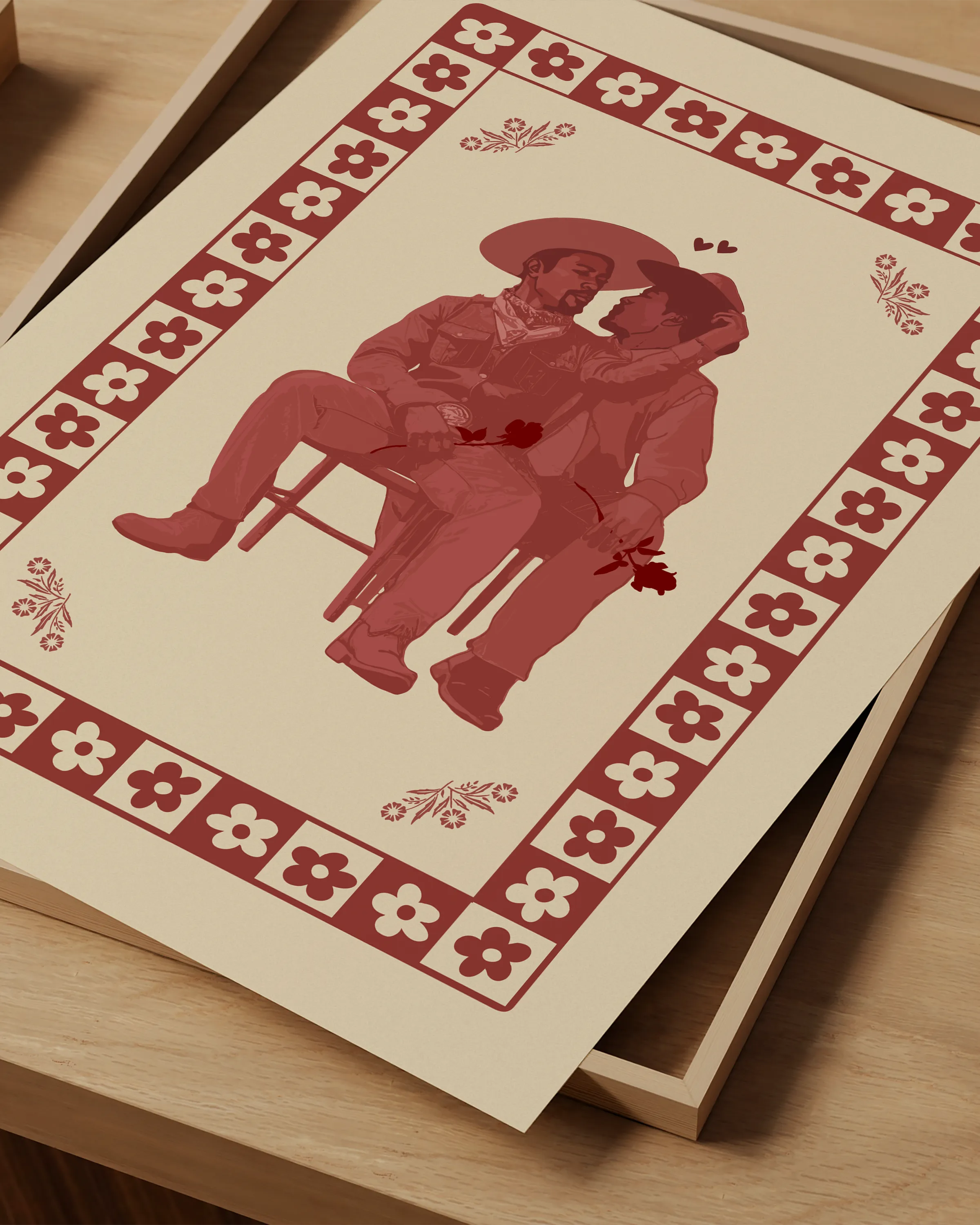 A print with an illustrated, gay and black cowboy couple.