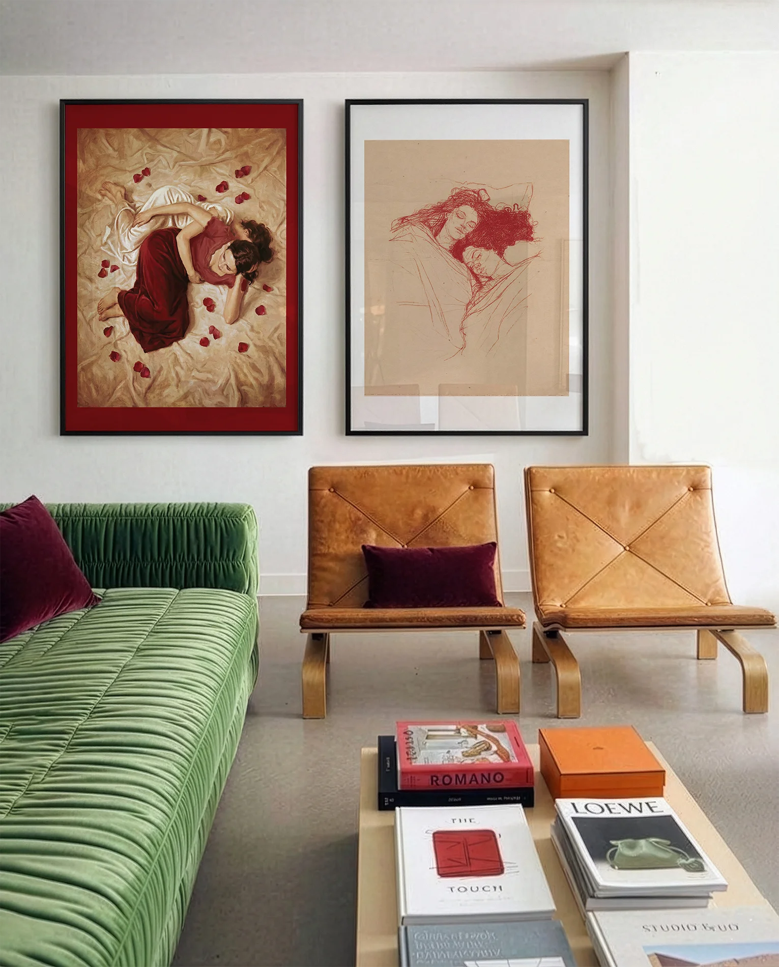 A framed poster with two sapphic ladies in a bed, surrounded by rose pedals.