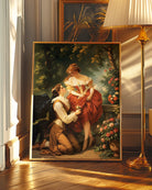 A print with a sapphic couple in a romantic park, Victorian Era.