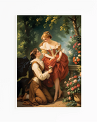 A print with a sapphic couple in a romantic park, Victorian Era.