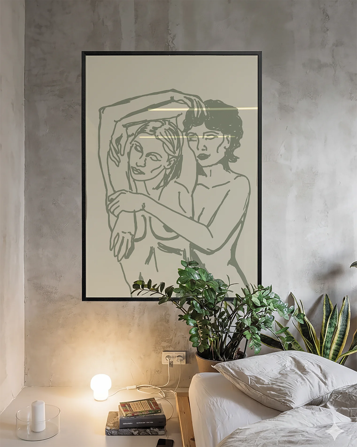 Postern föreställer ett två nakna kvinnor i en kram, i linjär och minimalistisk stil.