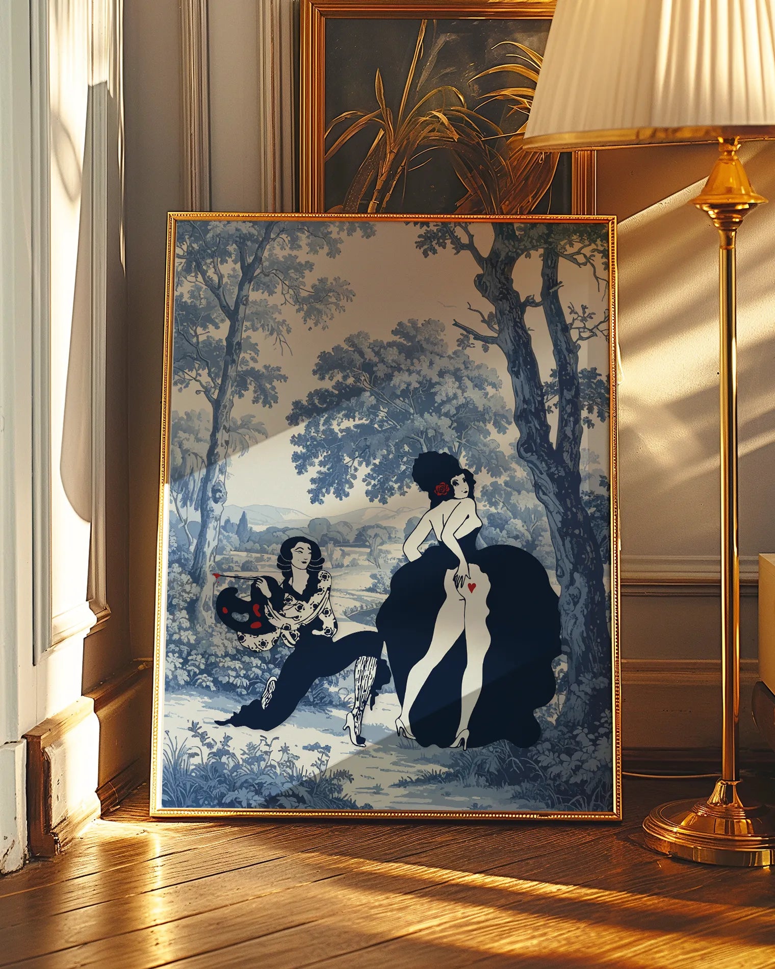 A print with two sapphic women in a romantic forest.