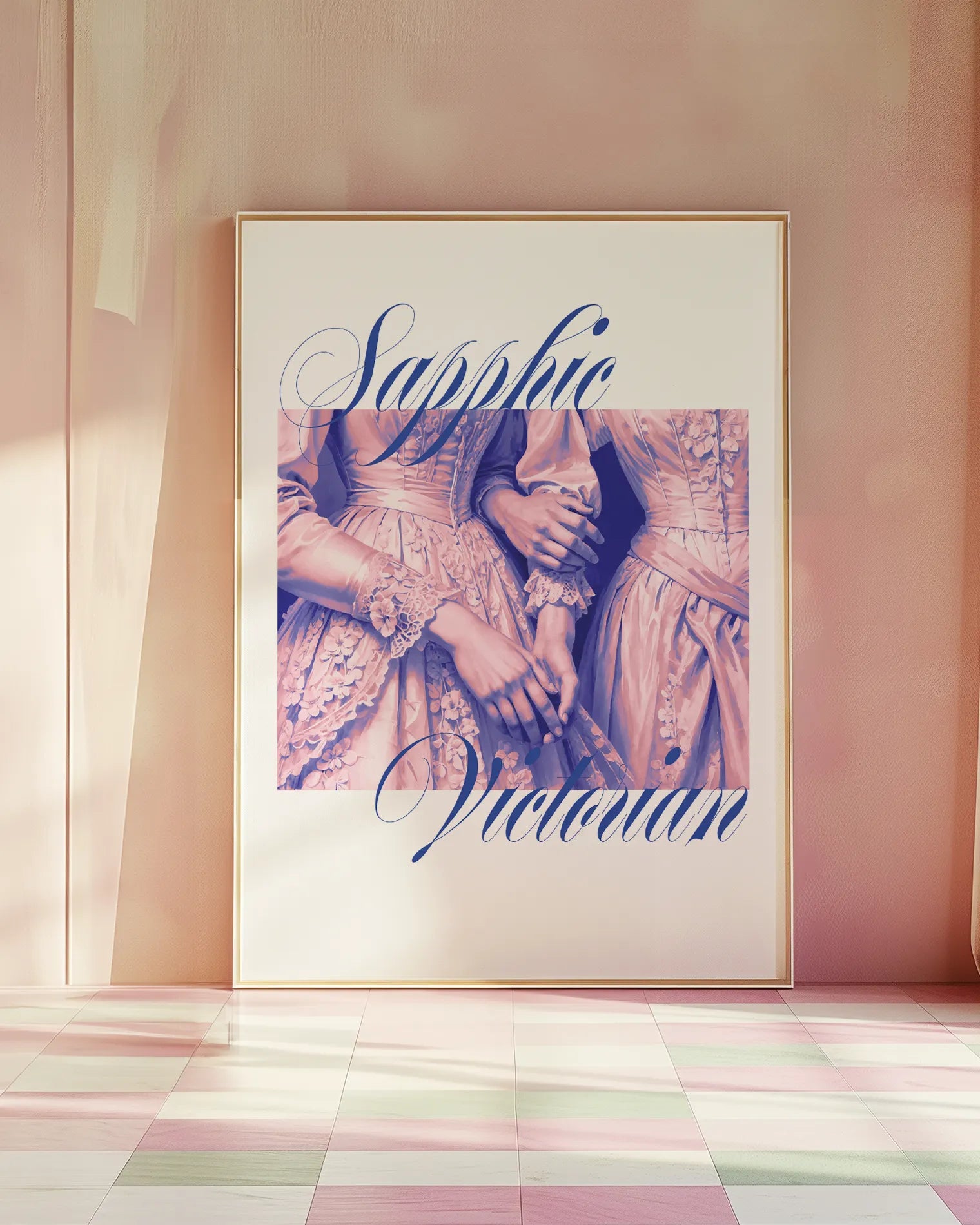 A print with an illustrated, victorian sapphic couple.