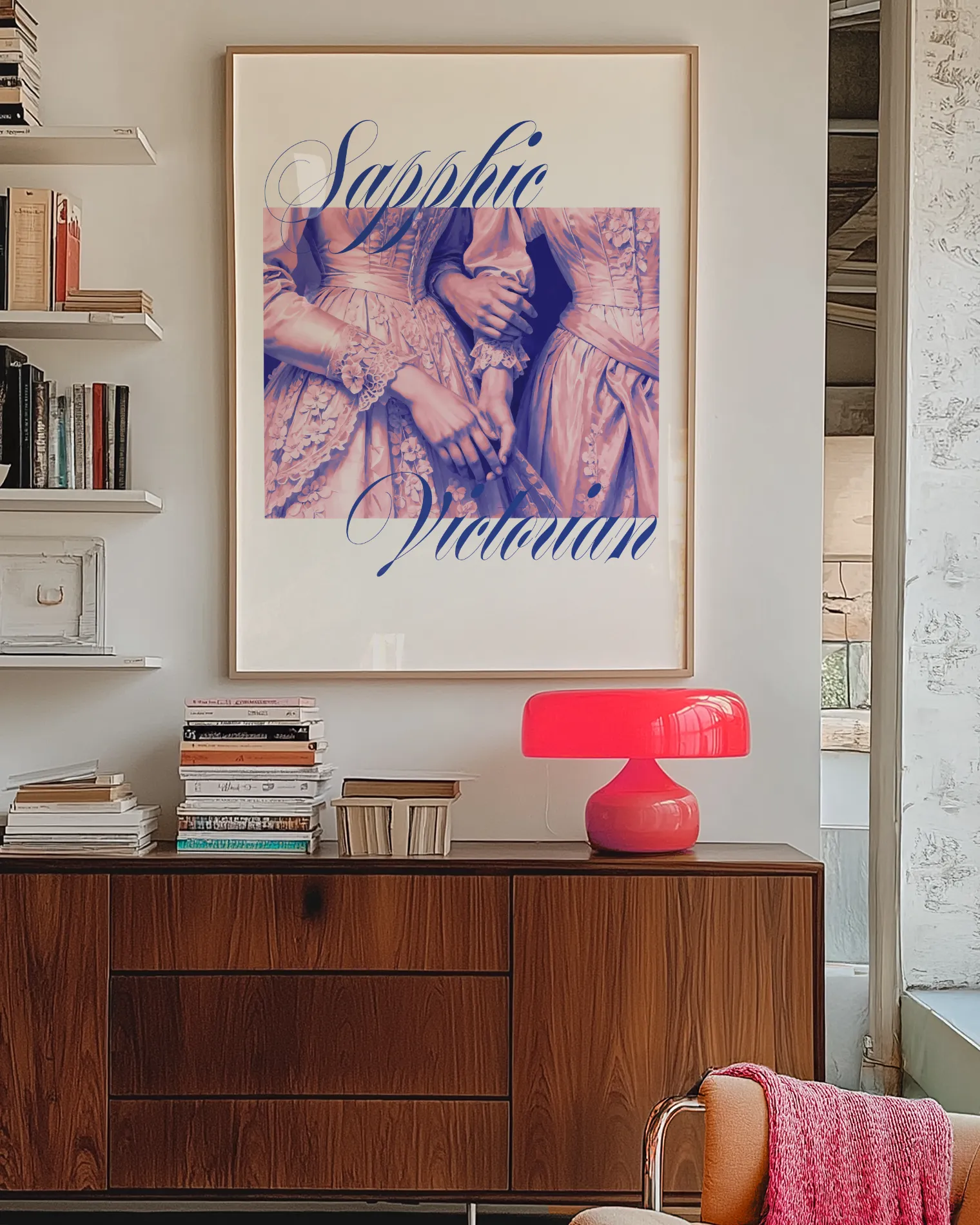 A print with an illustrated, victorian sapphic couple.