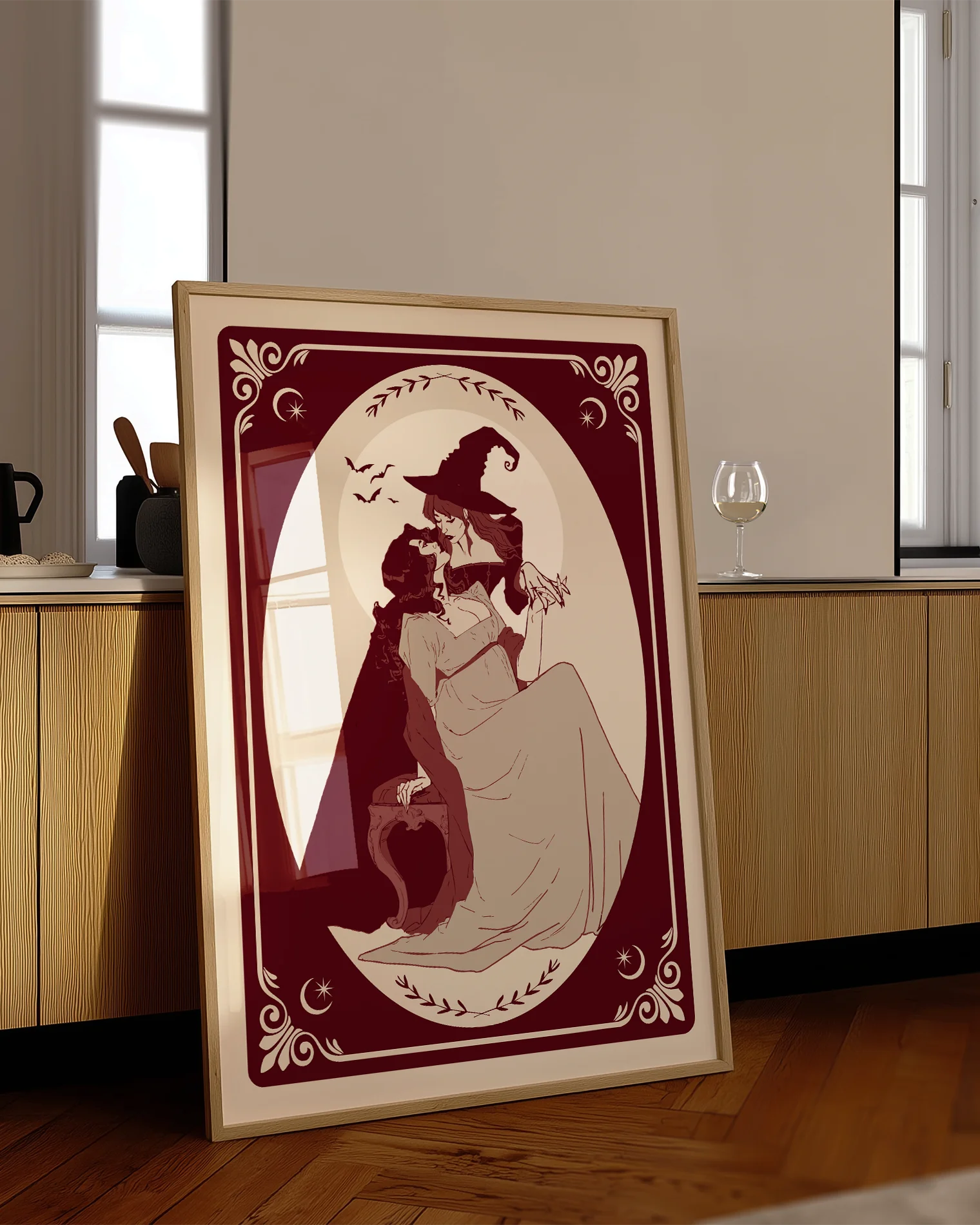 A poster with two lesbian witches kissing.