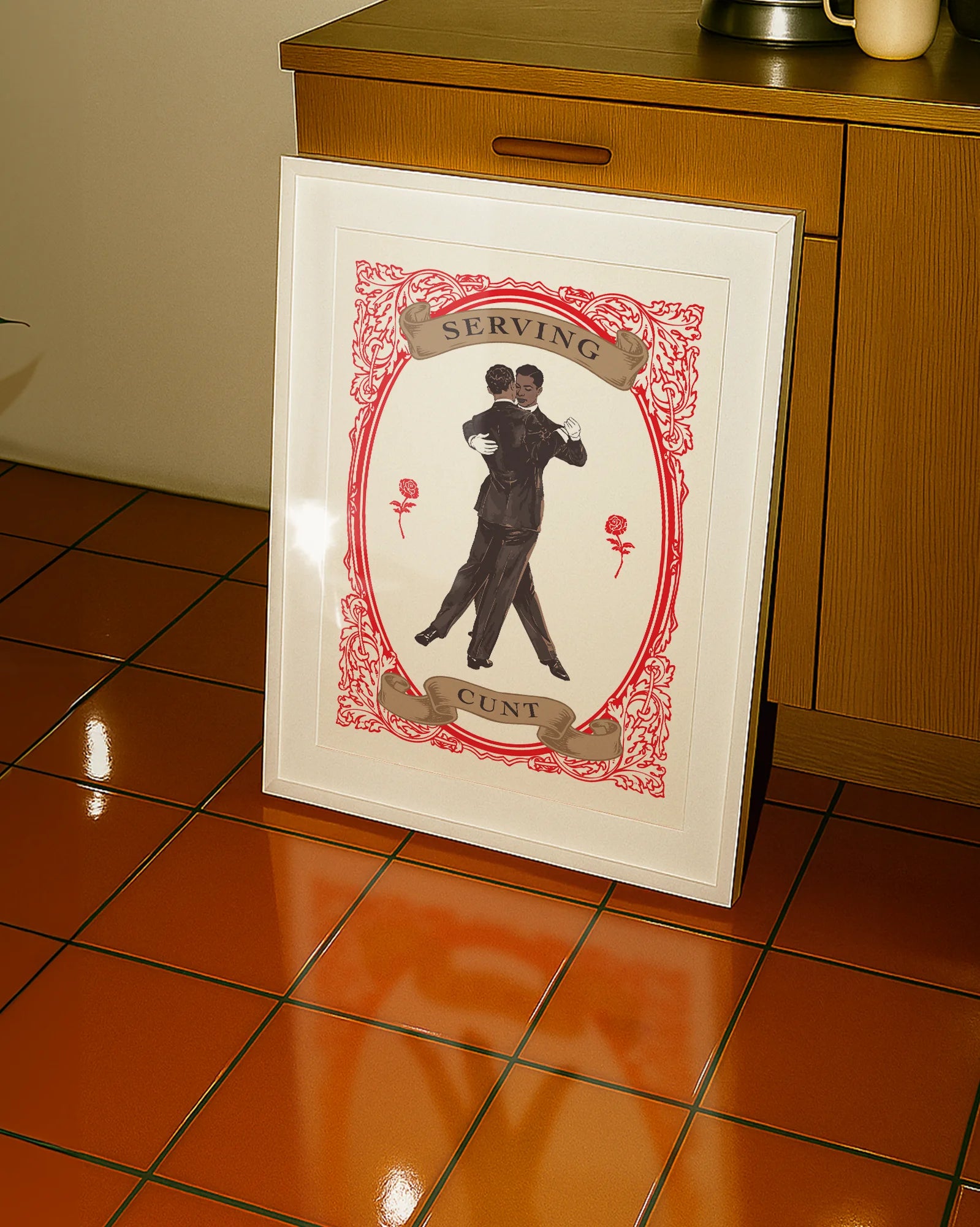 A poster with two illustrated gay men in the 60's, dancing together with the text 'Serving C*nt'.